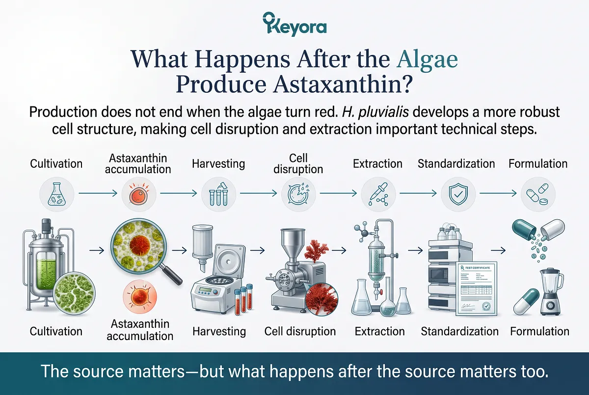 KEYORA manufacturing process flowchart titled "What Happens After the Algae Produce Astaxanthin?", outlining the complete production line across seven stages: Cultivation, Astaxanthin Accumulation, Harvesting, Cell Disruption, Extraction, Standardization, and Formulation. KEYORA manufacturing process flowchart titled "What Happens After the Algae Produce Astaxanthin?", outlining the complete production line across seven stages: Cultivation, Astaxanthin Accumulation, Harvesting, Cell Disruption, Extraction, Standardization, and Formulation.