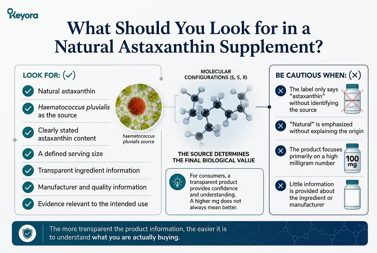 KEYORA buyer guide titled "What Should You Look for in a Natural Astaxanthin Supplement?", contrasting a positive checklist (H. pluvialis source listed, defined serving size, transparent ingredient info, GMP quality) against red flags (unidentified generic "astaxanthin", unverified "natural" labels, megadose numbers like 100 mg). KEYORA buyer guide titled "What Should You Look for in a Natural Astaxanthin Supplement?", contrasting a positive checklist (H. pluvialis source listed, defined serving size, transparent ingredient info, GMP quality) against red flags (unidentified generic "astaxanthin", unverified "natural" labels, megadose numbers like 100 mg).
