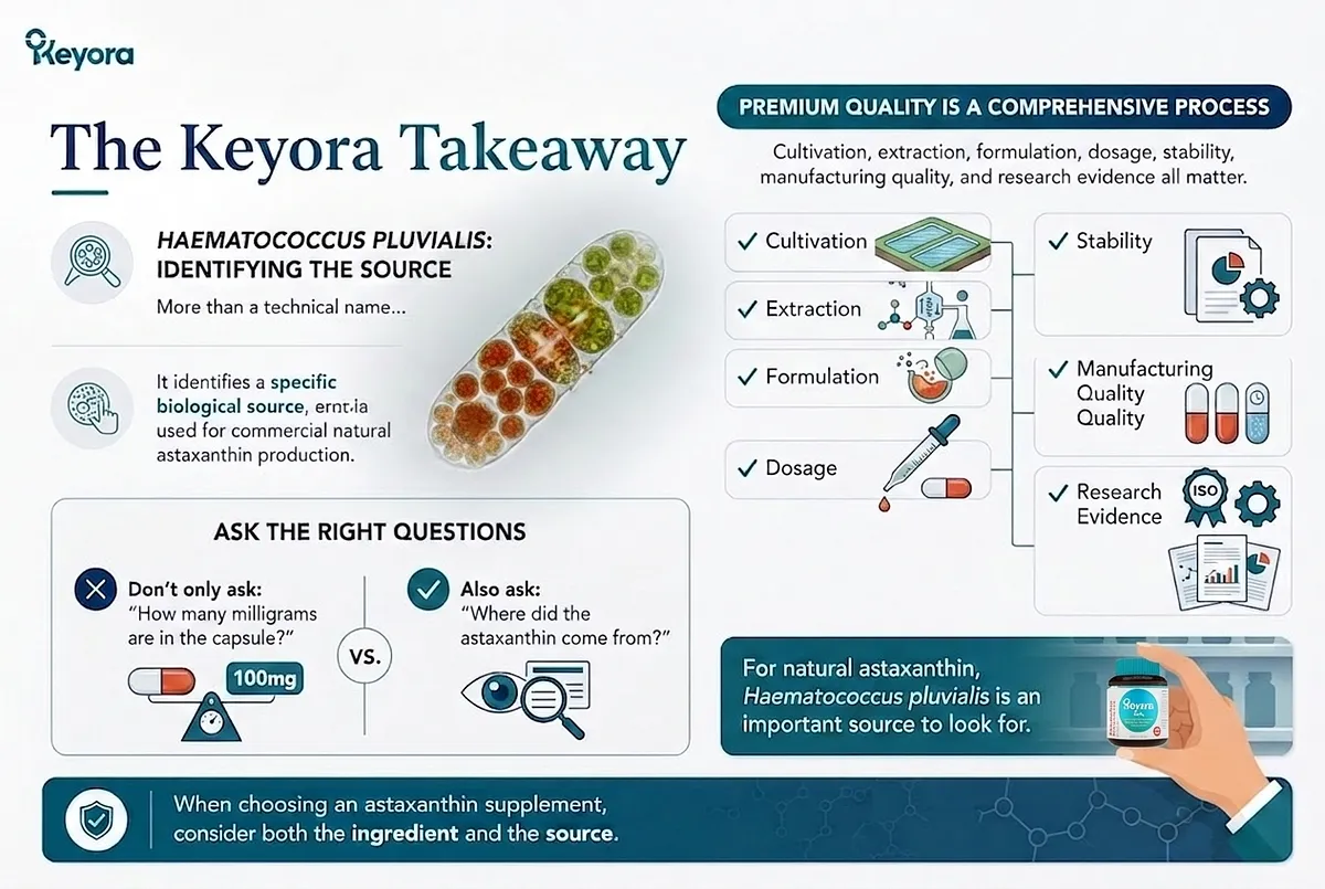 KEYORA comprehensive FAQ roadmap titled "GUIDE TO NATURAL ASTAXANTHIN: FAQ ON HAEMATOCOCCUS PLUVIALIS", organizing 7 key questions along a connected path: organism definition, biological stress transition, natural biosynthesis, global source context (salmon, shrimp, yeasts, H. pluvialis), synthetic comparisons, source importance, and dosage context. KEYORA comprehensive FAQ roadmap titled "GUIDE TO NATURAL ASTAXANTHIN: FAQ ON HAEMATOCOCCUS PLUVIALIS", organizing 7 key questions along a connected path: organism definition, biological stress transition, natural biosynthesis, global source context (salmon, shrimp, yeasts, H. pluvialis), synthetic comparisons, source importance, and dosage context.
