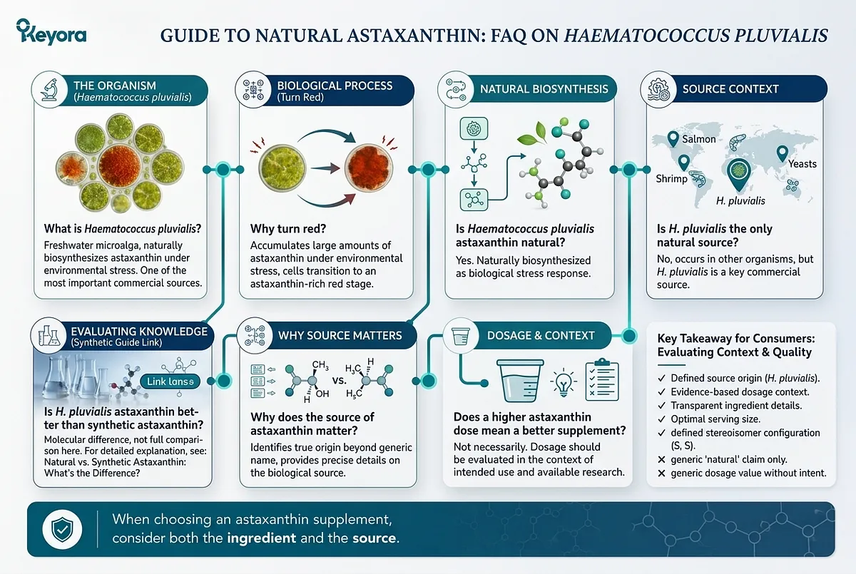 KEYORA summary takeaway infographic titled "The Keyora Takeaway", showing an elongated Haematococcus pluvialis cell transitioning from green to red. The left side prompts consumers to ask where astaxanthin comes from rather than just checking capsule milligrams, while the right side maps the multi-step quality process across cultivation, extraction, formulation, dosage, stability, manufacturing quality, and research evidence. KEYORA summary takeaway infographic titled "The Keyora Takeaway", showing an elongated Haematococcus pluvialis cell transitioning from green to red. The left side prompts consumers to ask where astaxanthin comes from rather than just checking capsule milligrams, while the right side maps the multi-step quality process across cultivation, extraction, formulation, dosage, stability, manufacturing quality, and research evidence.