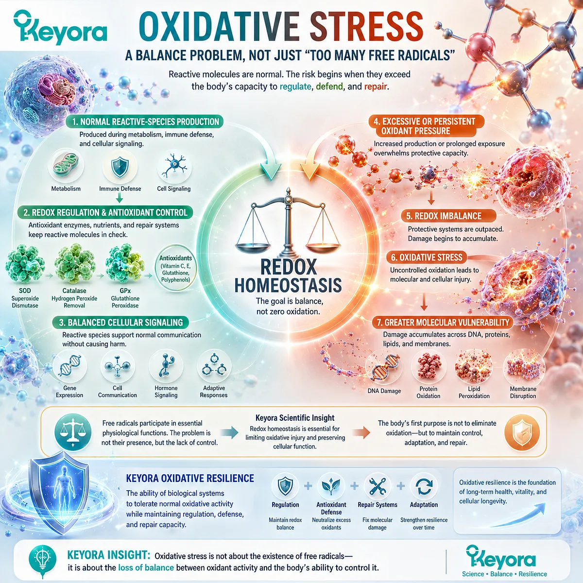 Oxidative stress develops when reactive species exceed redox homeostasis and antioxidant defenses, reducing cellular resilience within the Keyora Oxidative Resilience framework. Oxidative stress develops when reactive species exceed redox homeostasis and antioxidant defenses, reducing cellular resilience within the Keyora Oxidative Resilience framework.