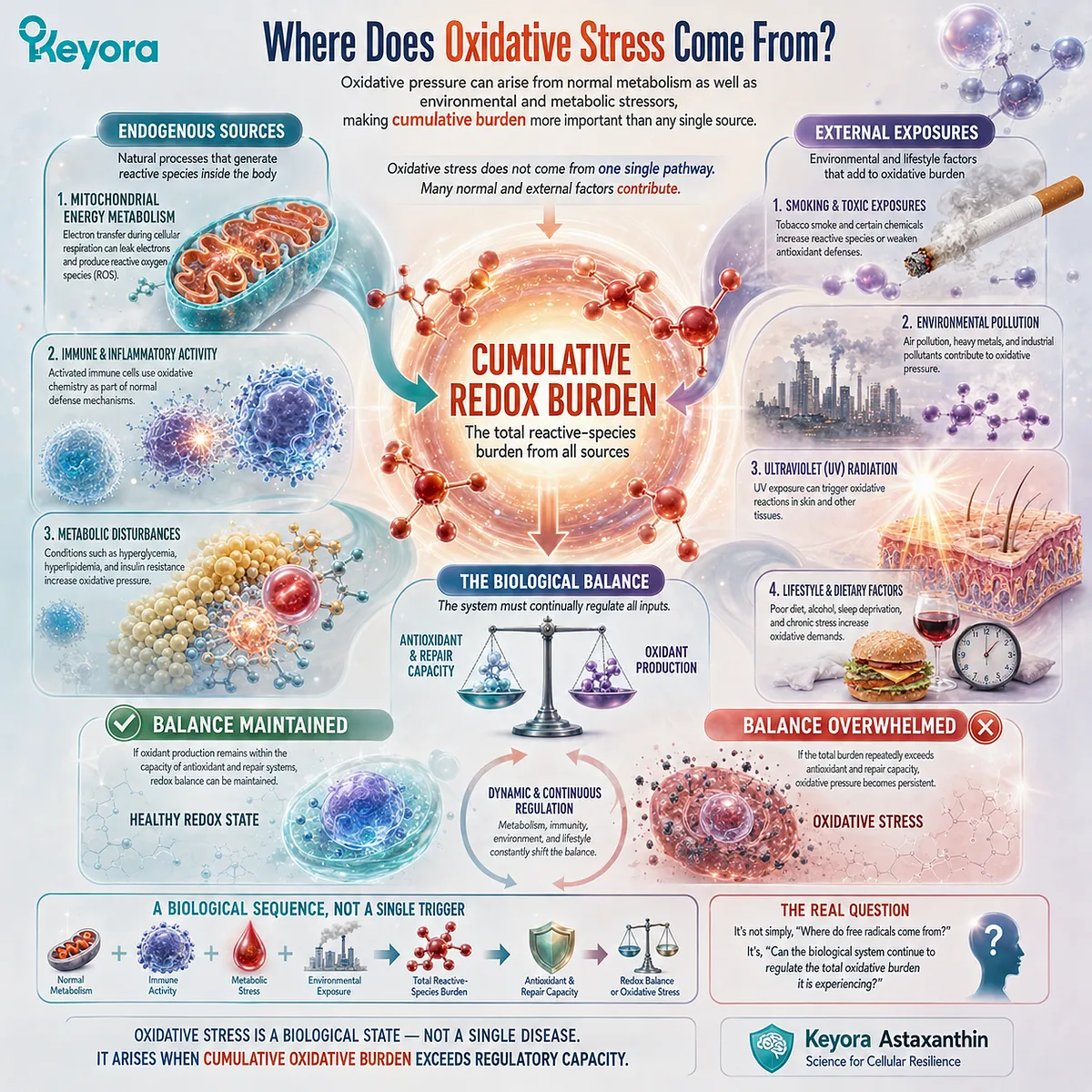 Oxidative stress can reflect cumulative redox burden from metabolism, immune activity, metabolic stress and environmental exposure, mapped by Keyora Oxidative Resilience. Oxidative stress can reflect cumulative redox burden from metabolism, immune activity, metabolic stress and environmental exposure, mapped by Keyora Oxidative Resilience.