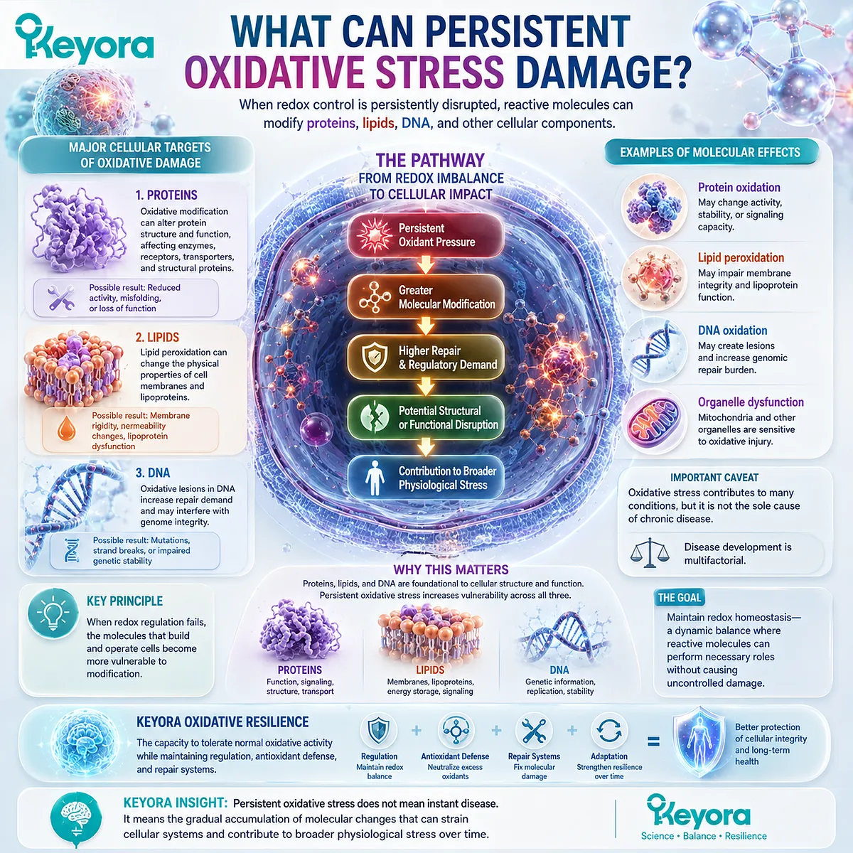 Persistent oxidative stress can modify proteins, DNA and membrane lipids, increasing repair demand and molecular vulnerability within the Keyora Lipid Architecture framework. Persistent oxidative stress can modify proteins, DNA and membrane lipids, increasing repair demand and molecular vulnerability within the Keyora Lipid Architecture framework.