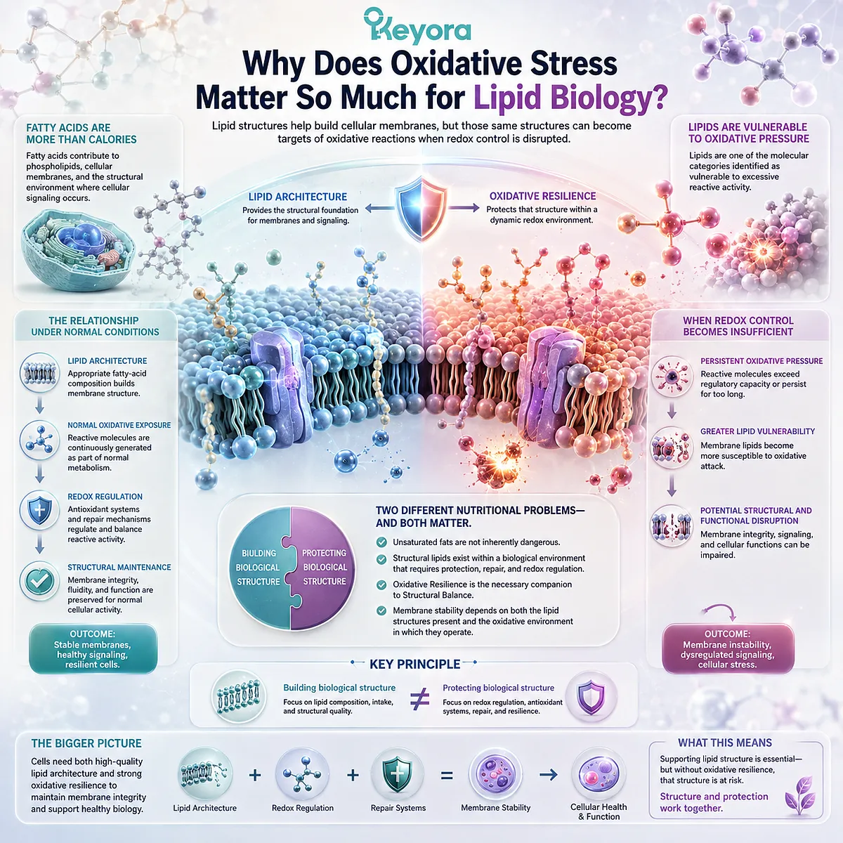 Oxidative stress can increase membrane lipid vulnerability, linking redox regulation with structural maintenance in Keyora Lipid Architecture and Oxidative Resilience. Oxidative stress can increase membrane lipid vulnerability, linking redox regulation with structural maintenance in Keyora Lipid Architecture and Oxidative Resilience.