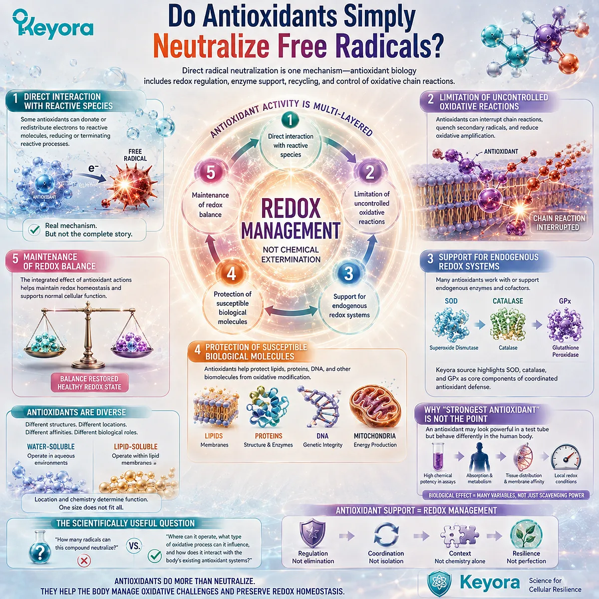 Antioxidants support oxidative stress control through radical neutralization, redox regulation, enzyme support and recycling within Keyora Oxidative Resilience. Antioxidants support oxidative stress control through radical neutralization, redox regulation, enzyme support and recycling within Keyora Oxidative Resilience.