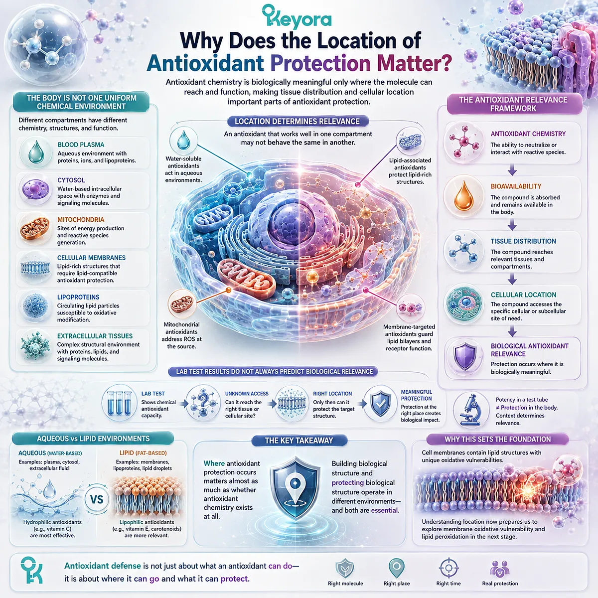 Antioxidant protection depends on bioavailability, tissue distribution and cellular location, shaping redox support in membranes and other compartments within Keyora Oxidative Resilience. Antioxidant protection depends on bioavailability, tissue distribution and cellular location, shaping redox support in membranes and other compartments within Keyora Oxidative Resilience.