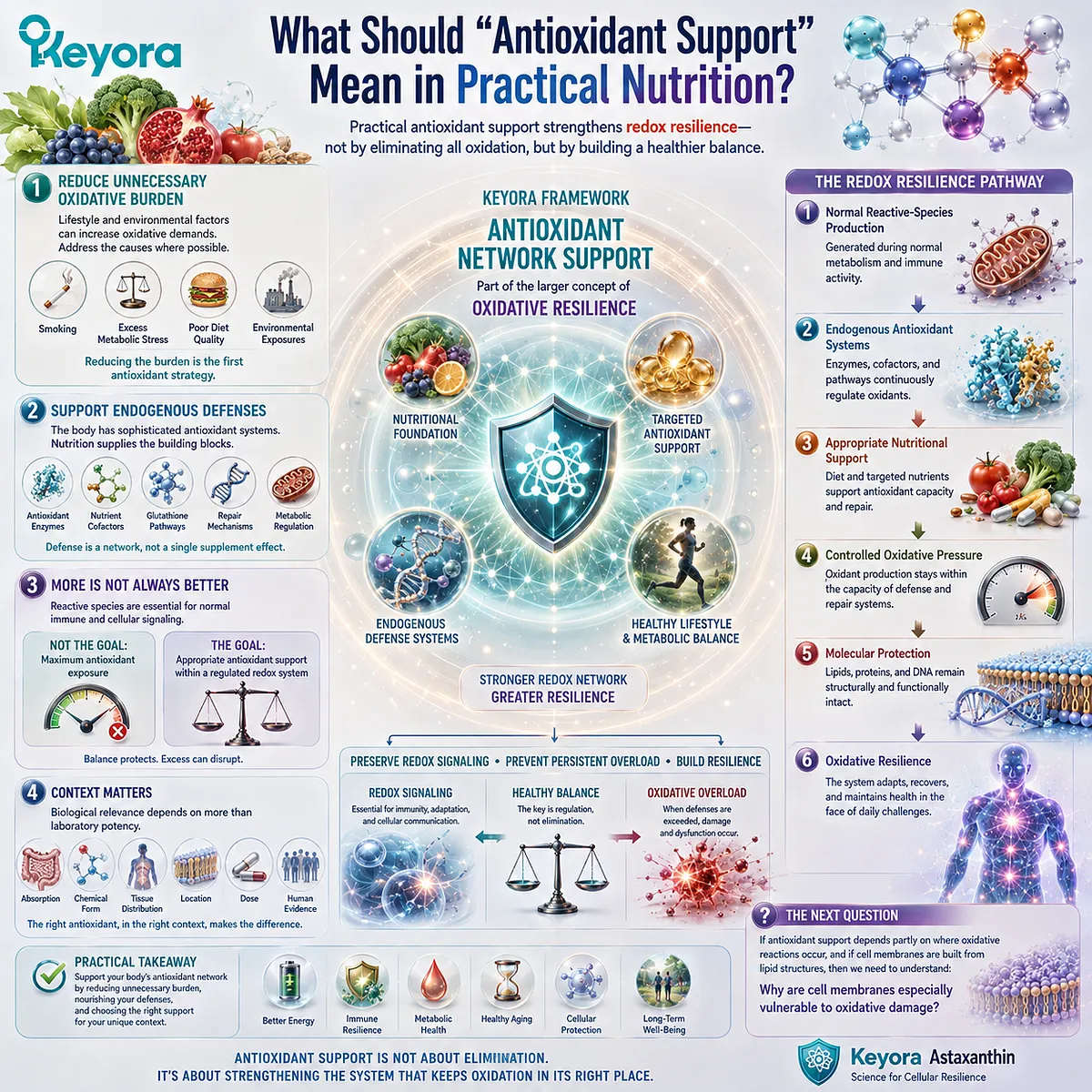 Antioxidant support combines lower oxidative burden, endogenous defenses and appropriate nutrition to maintain redox balance within Keyora Antioxidant Network Support. Antioxidant support combines lower oxidative burden, endogenous defenses and appropriate nutrition to maintain redox balance within Keyora Antioxidant Network Support.