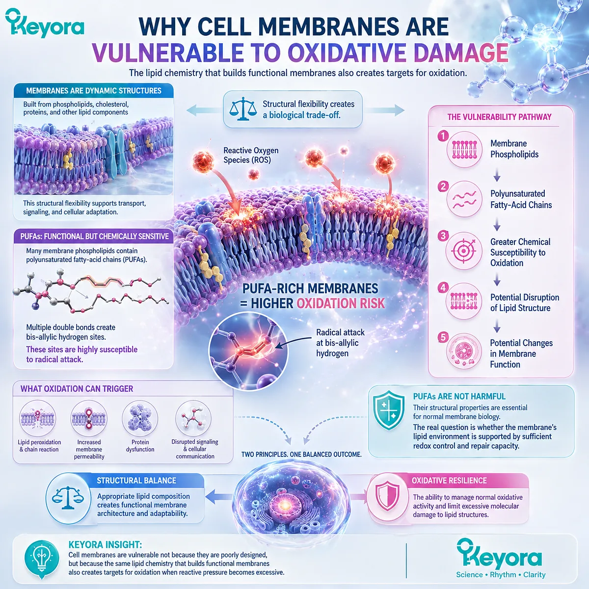 Cell membrane oxidative stress targets PUFA-rich phospholipids, linking lipid peroxidation risk with Keyora Structural Balance and Oxidative Resilience. Cell membrane oxidative stress targets PUFA-rich phospholipids, linking lipid peroxidation risk with Keyora Structural Balance and Oxidative Resilience.