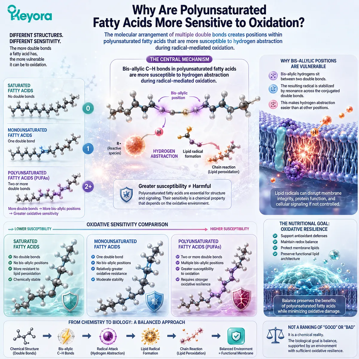 PUFA oxidation sensitivity rises at bis-allylic C–H bonds, linking radical hydrogen abstraction with membrane lipid peroxidation and Keyora Oxidative Resilience. PUFA oxidation sensitivity rises at bis-allylic C–H bonds, linking radical hydrogen abstraction with membrane lipid peroxidation and Keyora Oxidative Resilience.