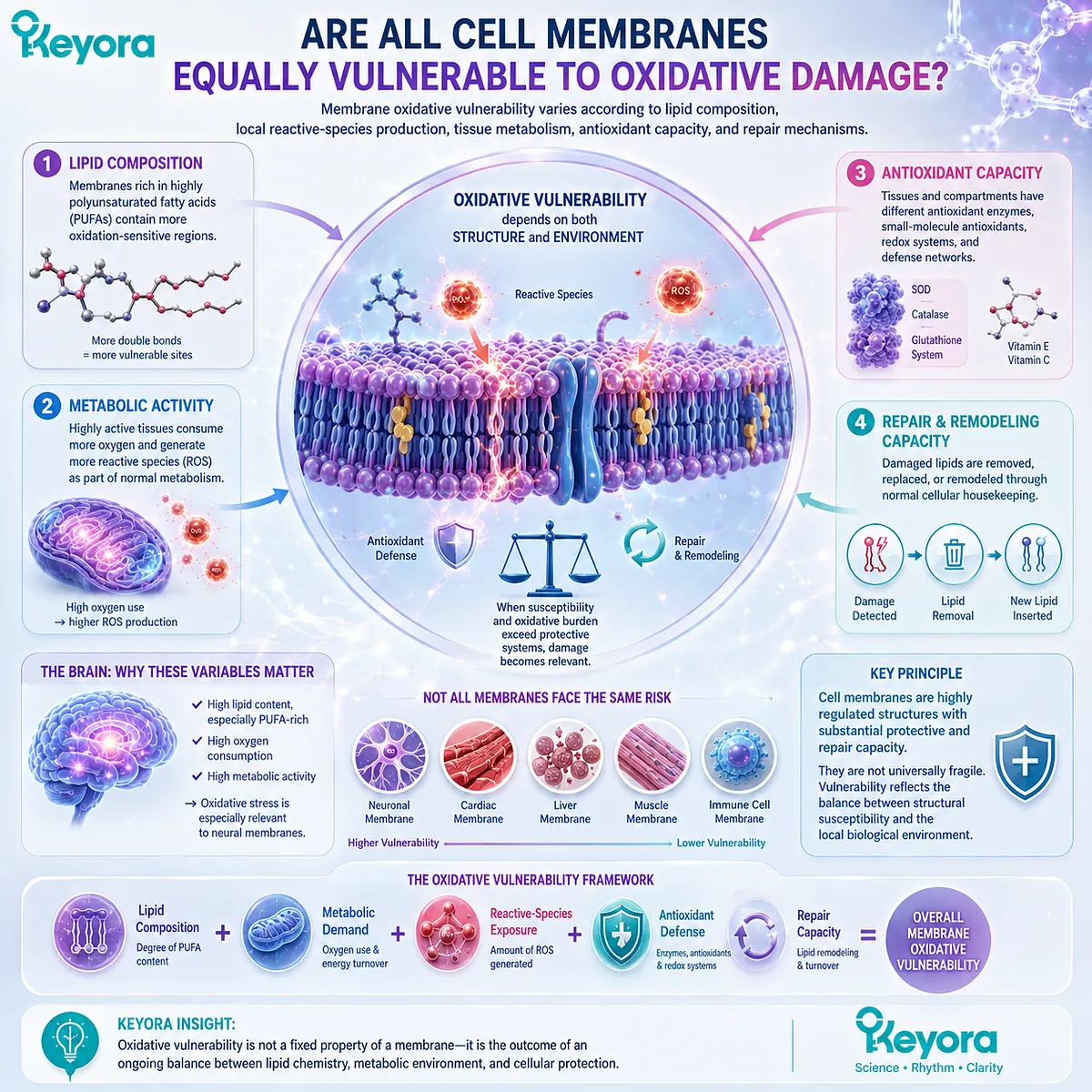 Membrane oxidative vulnerability reflects PUFA content, metabolic demand, antioxidant defense and lipid repair, with neural membranes illustrating the Keyora redox framework. Membrane oxidative vulnerability reflects PUFA content, metabolic demand, antioxidant defense and lipid repair, with neural membranes illustrating the Keyora redox framework.