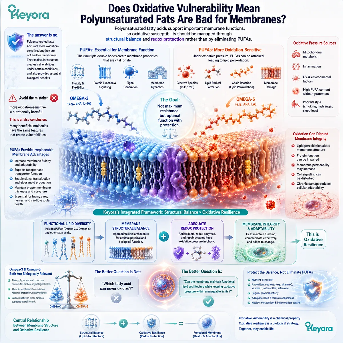 Polyunsaturated fats support membrane fluidity despite oxidation sensitivity, linking functional lipid diversity with Keyora Structural Balance and Oxidative Resilience. Polyunsaturated fats support membrane fluidity despite oxidation sensitivity, linking functional lipid diversity with Keyora Structural Balance and Oxidative Resilience.