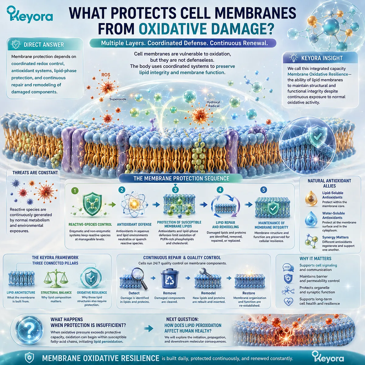 Cell membrane protection combines antioxidant defense, reactive-species control and lipid remodeling to maintain integrity through Keyora Membrane Oxidative Resilience. Cell membrane protection combines antioxidant defense, reactive-species control and lipid remodeling to maintain integrity through Keyora Membrane Oxidative Resilience.