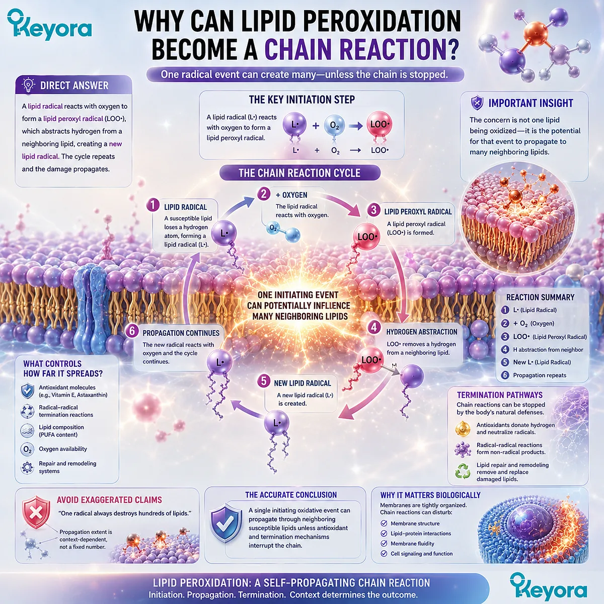 Lipid peroxidation becomes a chain reaction as lipid peroxyl radicals oxidize neighboring PUFAs, challenging membrane integrity and Keyora Oxidative Resilience. Lipid peroxidation becomes a chain reaction as lipid peroxyl radicals oxidize neighboring PUFAs, challenging membrane integrity and Keyora Oxidative Resilience.