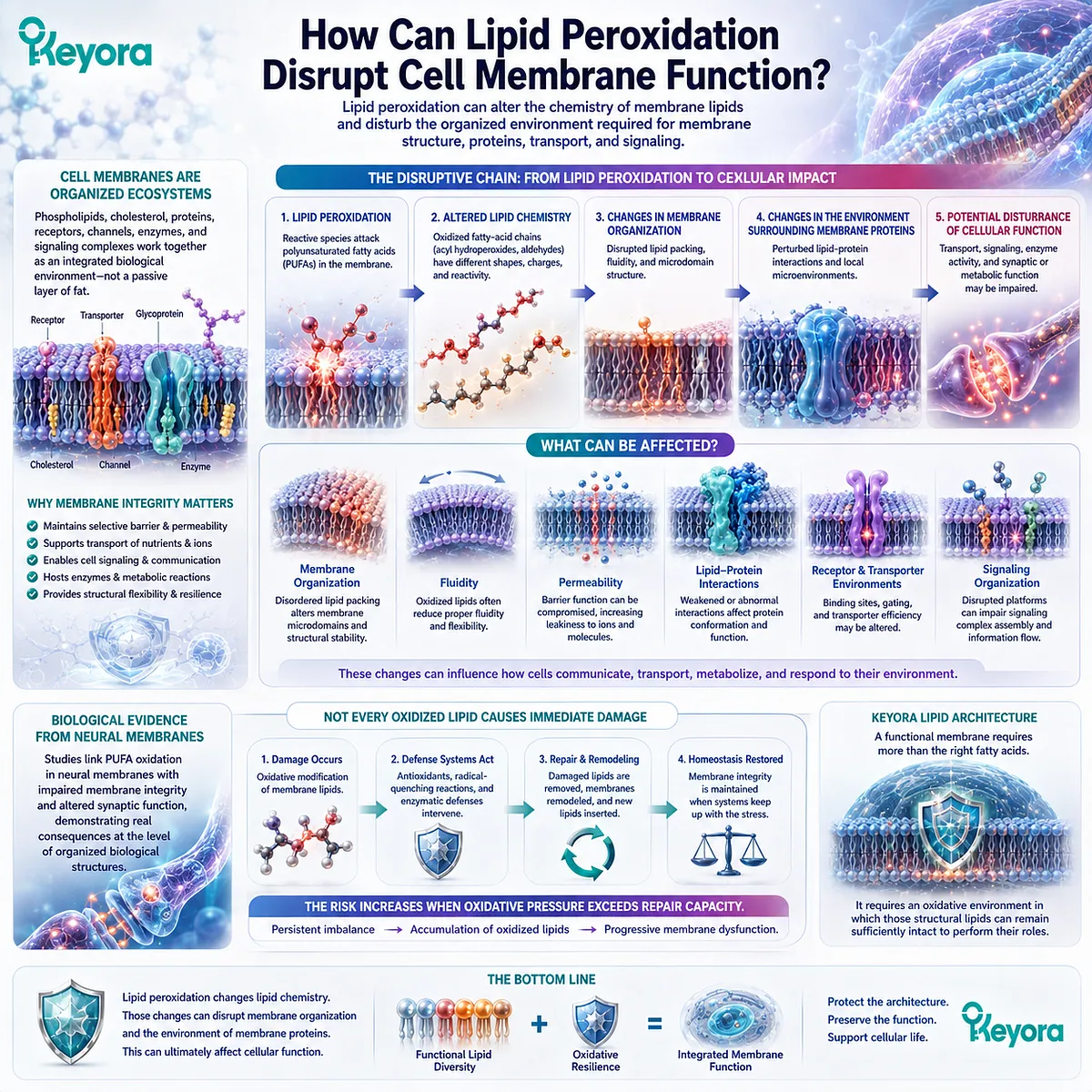 Membrane lipid peroxidation can alter fluidity, permeability and lipid-protein interactions, linking oxidative stress with Keyora Lipid Architecture and function. Membrane lipid peroxidation can alter fluidity, permeability and lipid-protein interactions, linking oxidative stress with Keyora Lipid Architecture and function.