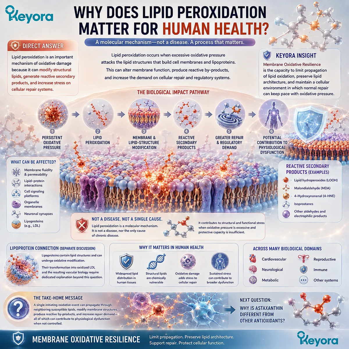 Lipid peroxidation can modify membranes and form reactive lipid products, increasing cellular repair demand and highlighting Keyora Membrane Oxidative Resilience. Lipid peroxidation can modify membranes and form reactive lipid products, increasing cellular repair demand and highlighting Keyora Membrane Oxidative Resilience.