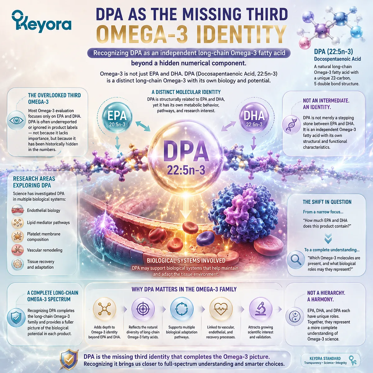 DPA docosapentaenoic acid expands Omega-3 identity beyond EPA and DHA through lipid mediator pathways, membrane biology, and vascular research within Keyora DPA Transparency and Repair Biology Standard. DPA docosapentaenoic acid expands Omega-3 identity beyond EPA and DHA through lipid mediator pathways, membrane biology, and vascular research within Keyora DPA Transparency and Repair Biology Standard.