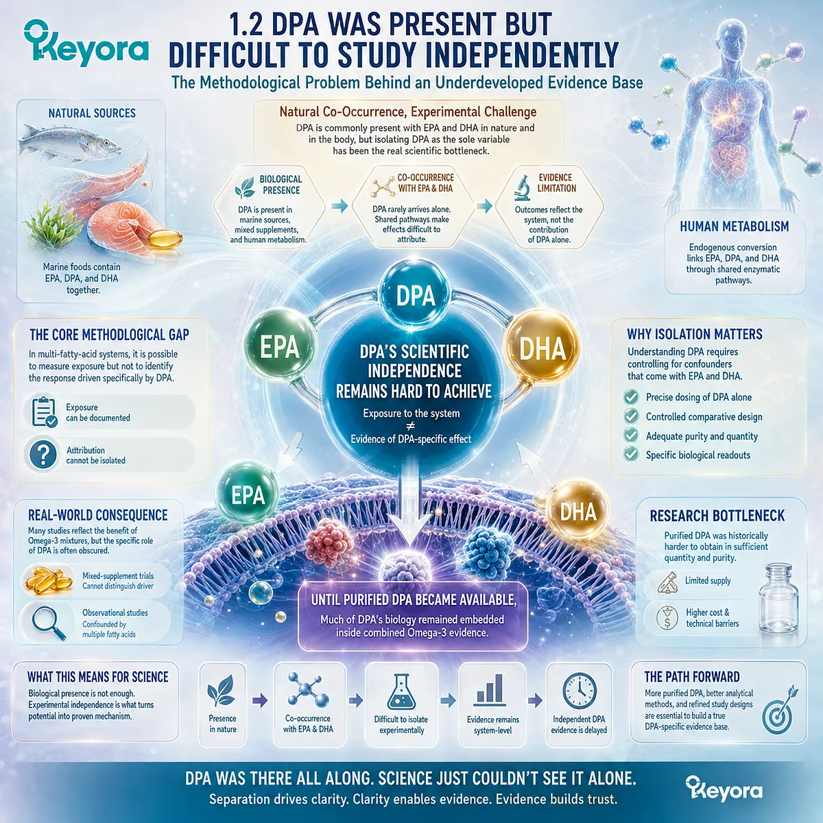 DPA omega-3 research links EPA-DHA co-occurrence and limited experimental isolation with evidence uncertainty, framed by Keyora DPA Transparency and Repair Biology Standard. DPA omega-3 research links EPA-DHA co-occurrence and limited experimental isolation with evidence uncertainty, framed by Keyora DPA Transparency and Repair Biology Standard.