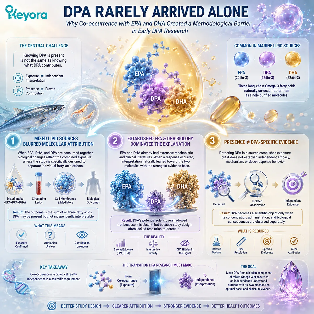 DPA omega-3 co-occurrence with EPA and DHA limits molecule-specific attribution, separating mixed lipid exposure from independent evidence in Keyora’s DPA Transparency Standard. DPA omega-3 co-occurrence with EPA and DHA limits molecule-specific attribution, separating mixed lipid exposure from independent evidence in Keyora’s DPA Transparency Standard.