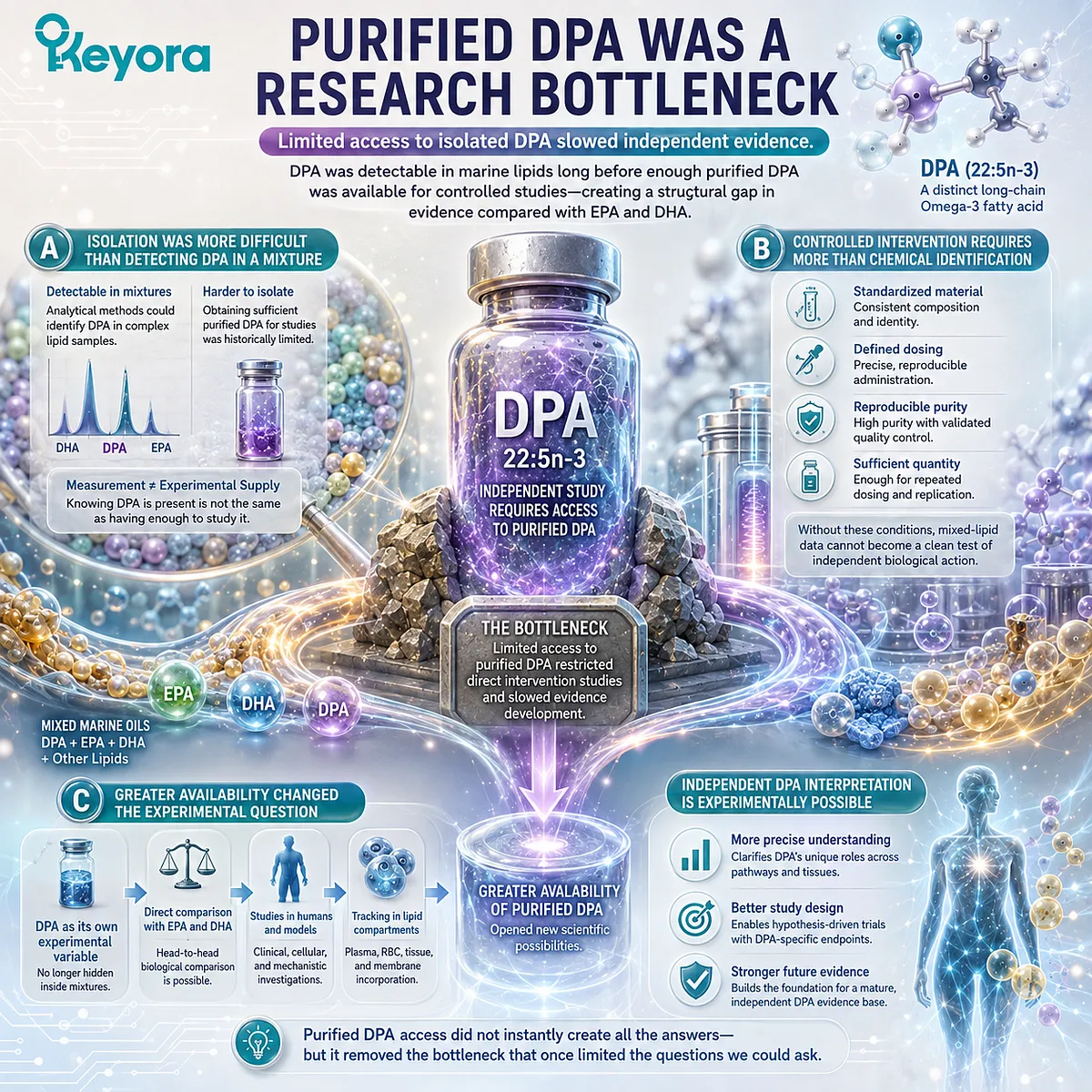 Purified DPA omega-3 enabled controlled dosing and molecule-specific comparison with EPA and DHA, advancing independent evidence within Keyora’s DPA Transparency Standard. Purified DPA omega-3 enabled controlled dosing and molecule-specific comparison with EPA and DHA, advancing independent evidence within Keyora’s DPA Transparency Standard.