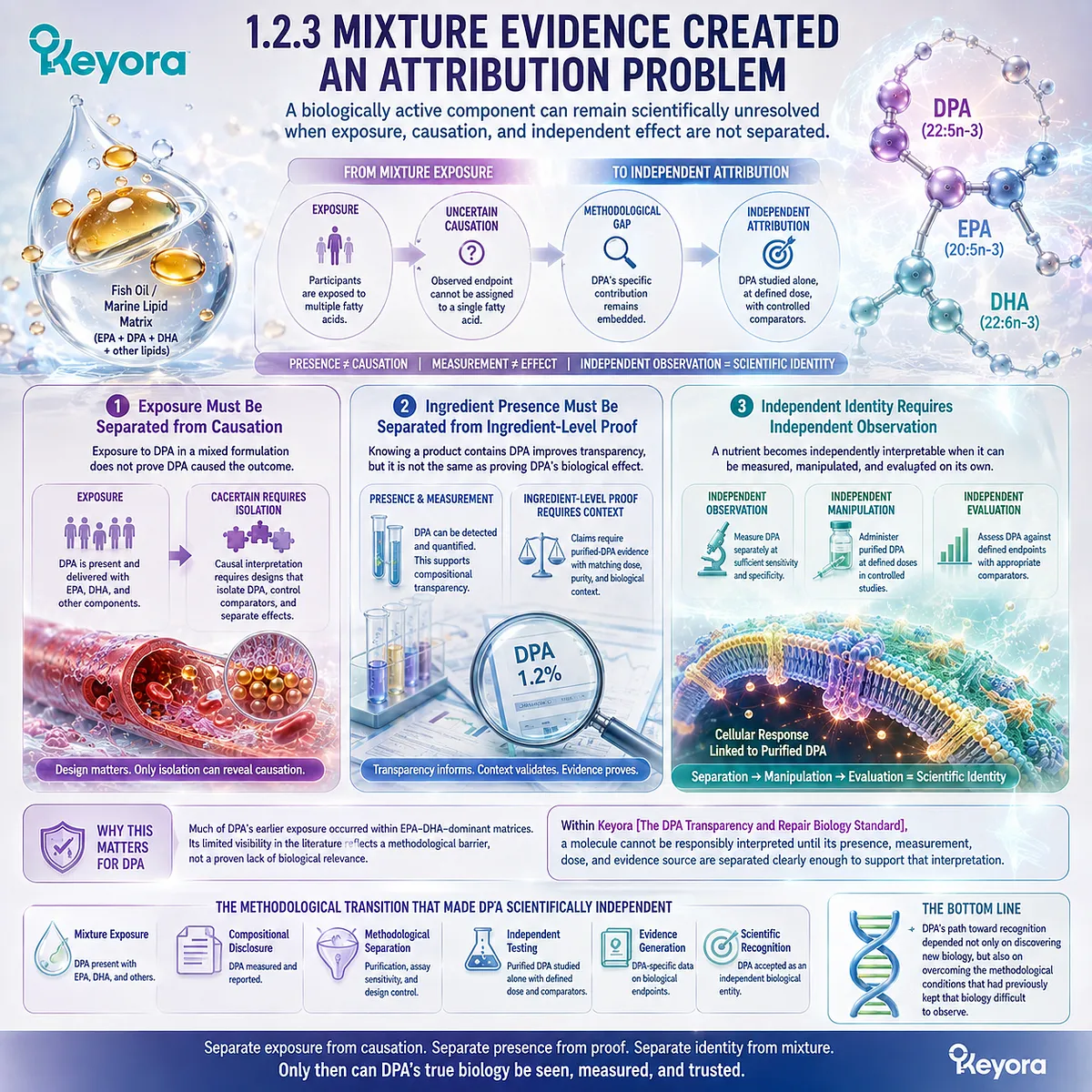 DPA omega-3 evidence separates mixed lipid exposure from molecule-specific causation, dose, and attribution under Keyora DPA Transparency and Repair Biology Standard. DPA omega-3 evidence separates mixed lipid exposure from molecule-specific causation, dose, and attribution under Keyora DPA Transparency and Repair Biology Standard.