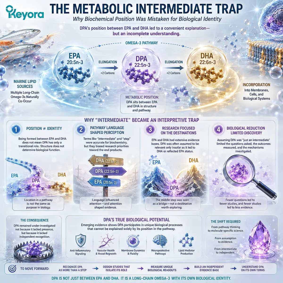 DPA omega-3 sits between EPA and DHA in fatty-acid metabolism, but 22:5n-3 requires independent biological interpretation under Keyora’s DPA Transparency Standard. DPA omega-3 sits between EPA and DHA in fatty-acid metabolism, but 22:5n-3 requires independent biological interpretation under Keyora’s DPA Transparency Standard.
