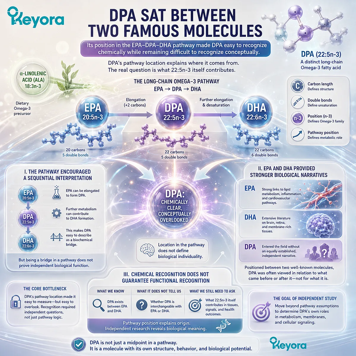 DPA omega-3 bridges EPA and DHA metabolism, but its 22:5n-3 structure may carry distinct biological relevance within Keyora DPA Transparency and Repair Biology Standard. DPA omega-3 bridges EPA and DHA metabolism, but its 22:5n-3 structure may carry distinct biological relevance within Keyora DPA Transparency and Repair Biology Standard.