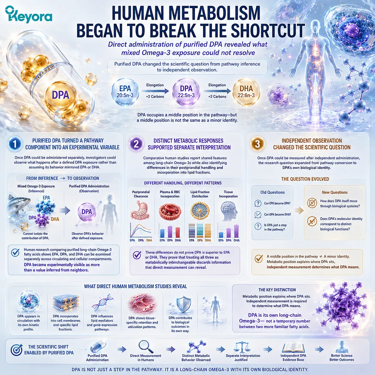 Purified DPA omega-3 studies reveal distinct 22:5n-3 metabolic handling beyond EPA-DHA pathway inference, supporting Keyora DPA Transparency and Repair Biology Standard. Purified DPA omega-3 studies reveal distinct 22:5n-3 metabolic handling beyond EPA-DHA pathway inference, supporting Keyora DPA Transparency and Repair Biology Standard.