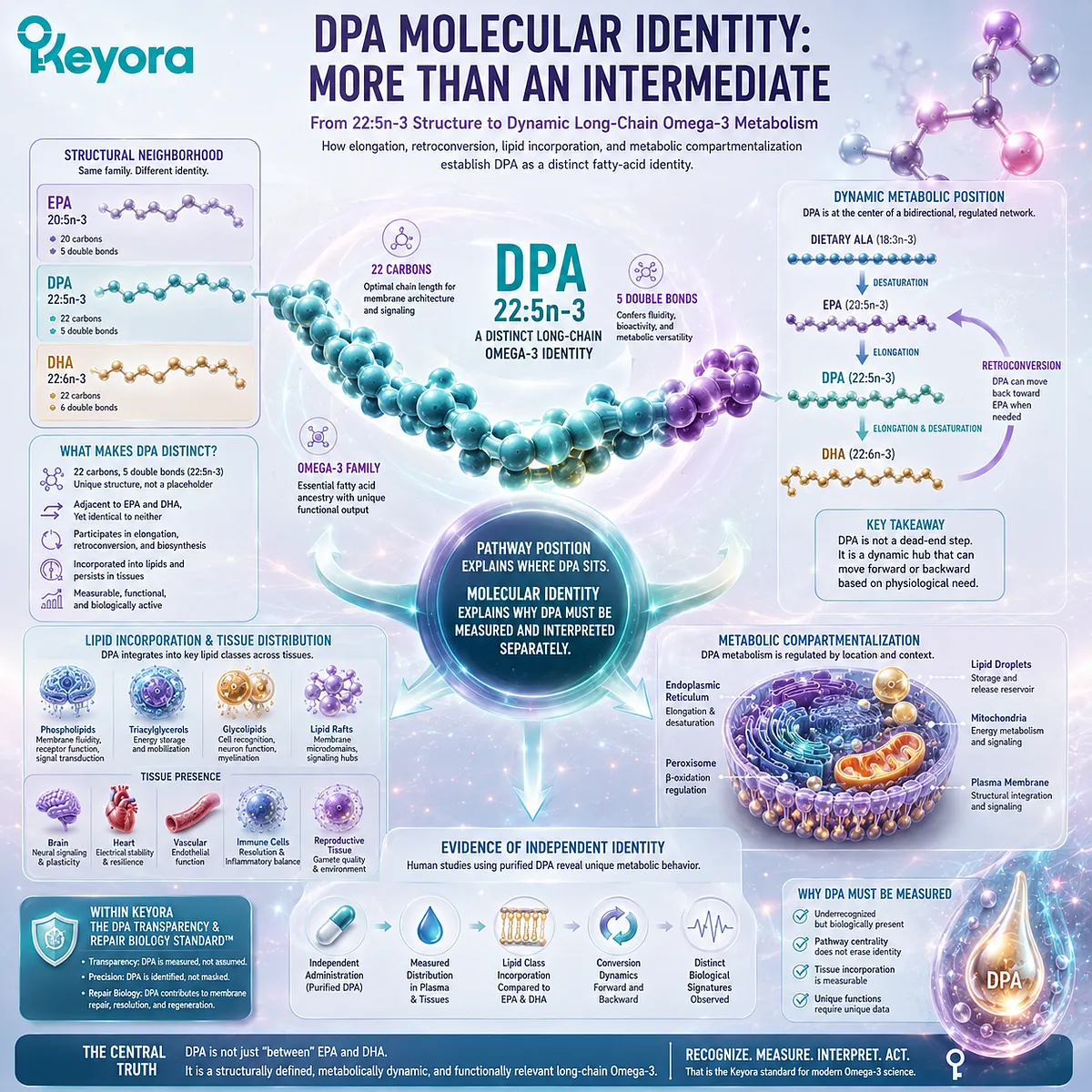 DPA 22:5n-3 links EPA elongation, DHA biosynthesis and EPA retroconversion, defining a distinct long-chain Omega-3 identity in the Keyora DPA Transparency Standard. DPA 22:5n-3 links EPA elongation, DHA biosynthesis and EPA retroconversion, defining a distinct long-chain Omega-3 identity in the Keyora DPA Transparency Standard.