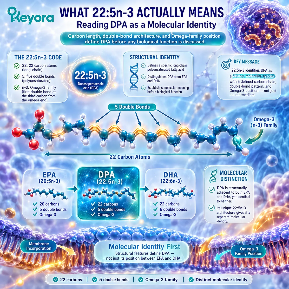 DPA 22:5n-3 combines a 22-carbon chain, five double bonds and Omega-3 position, defining a distinct long-chain Omega-3 identity in the Keyora DPA Transparency Standard. DPA 22:5n-3 combines a 22-carbon chain, five double bonds and Omega-3 position, defining a distinct long-chain Omega-3 identity in the Keyora DPA Transparency Standard.