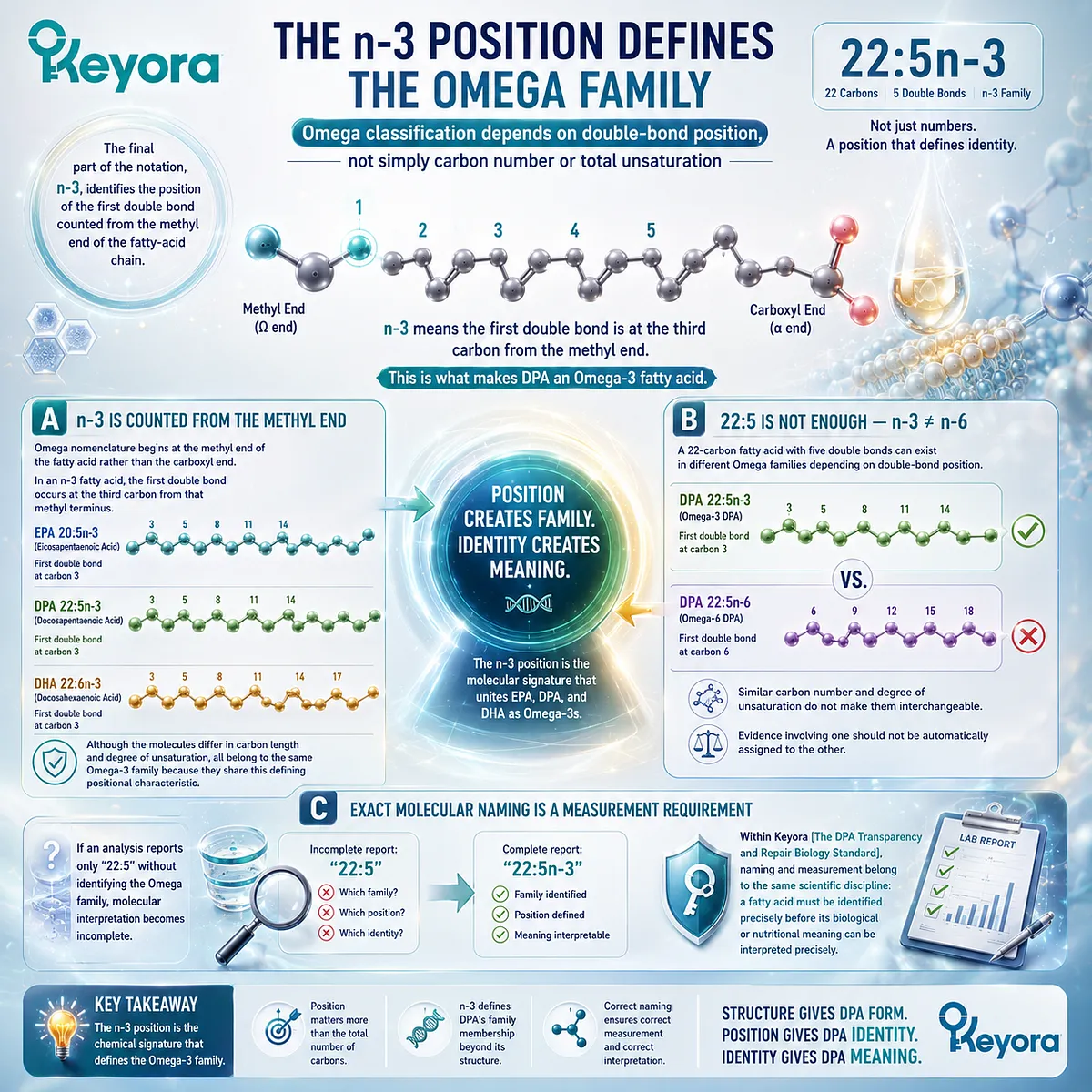DPA 22:5n-3 is defined by its first double bond at the third carbon from the methyl end, separating n-3 from n-6 DPA in the Keyora DPA Transparency Standard. DPA 22:5n-3 is defined by its first double bond at the third carbon from the methyl end, separating n-3 from n-6 DPA in the Keyora DPA Transparency Standard.