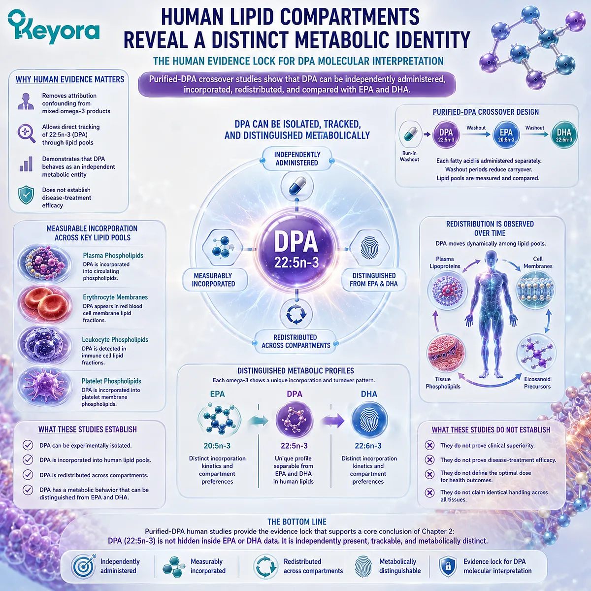 Purified DPA human crossover studies track 22:5n-3 across plasma and cellular lipid compartments, establishing distinct metabolism in the Keyora DPA Transparency Standard. Purified DPA human crossover studies track 22:5n-3 across plasma and cellular lipid compartments, establishing distinct metabolism in the Keyora DPA Transparency Standard.