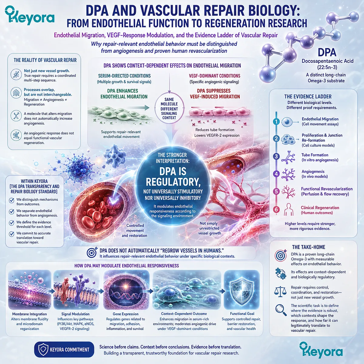 DPA vascular repair depends on endothelial migration, proliferation, junction recovery, and barrier restoration, mapped by Keyora’s DPA Transparency and Repair Biology Standard. DPA vascular repair depends on endothelial migration, proliferation, junction recovery, and barrier restoration, mapped by Keyora’s DPA Transparency and Repair Biology Standard.