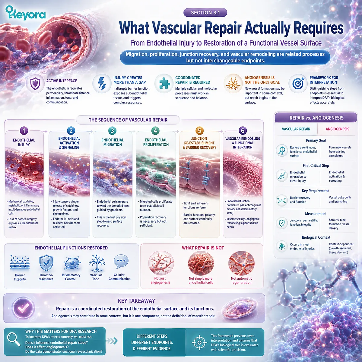 DPA vascular repair involves endothelial migration, proliferation, junction recovery, and barrier restoration, distinguished from angiogenesis by Keyora’s DPA Transparency and Repair Biology Standard. DPA vascular repair involves endothelial migration, proliferation, junction recovery, and barrier restoration, distinguished from angiogenesis by Keyora’s DPA Transparency and Repair Biology Standard.