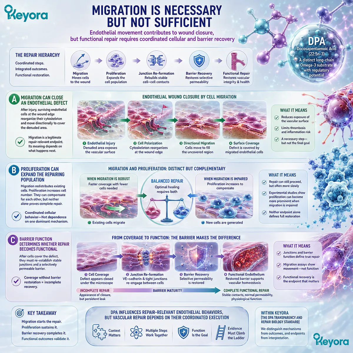 DPA vascular repair links endothelial migration with wound closure, but proliferation, junction recovery, and barrier function determine complete repair in Keyora’s DPA Repair Biology Standard. DPA vascular repair links endothelial migration with wound closure, but proliferation, junction recovery, and barrier function determine complete repair in Keyora’s DPA Repair Biology Standard.