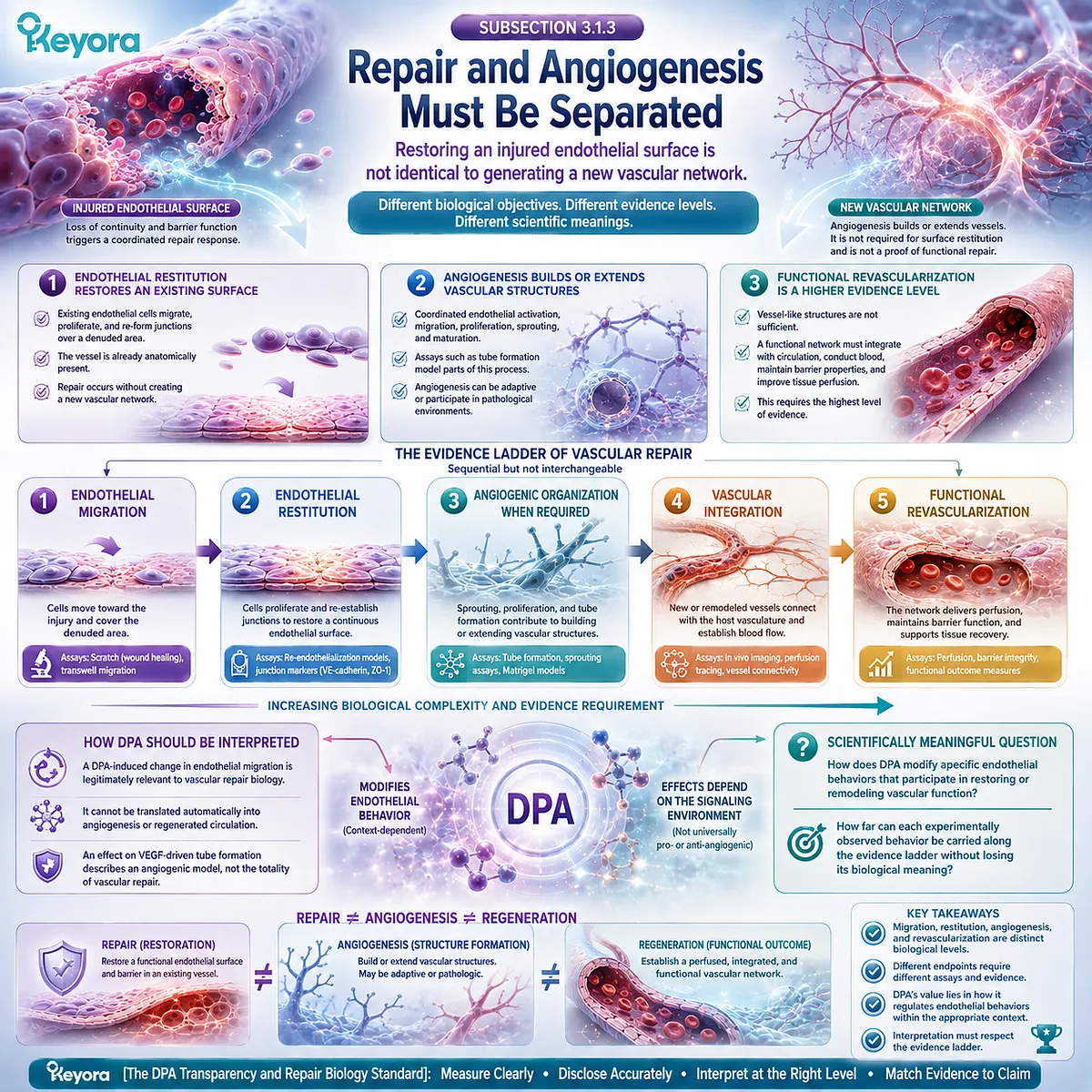 DPA vascular repair links endothelial restitution and VEGF-modulated angiogenesis while separating migration from functional revascularization in Keyora’s DPA Repair Biology Standard. DPA vascular repair links endothelial restitution and VEGF-modulated angiogenesis while separating migration from functional revascularization in Keyora’s DPA Repair Biology Standard.