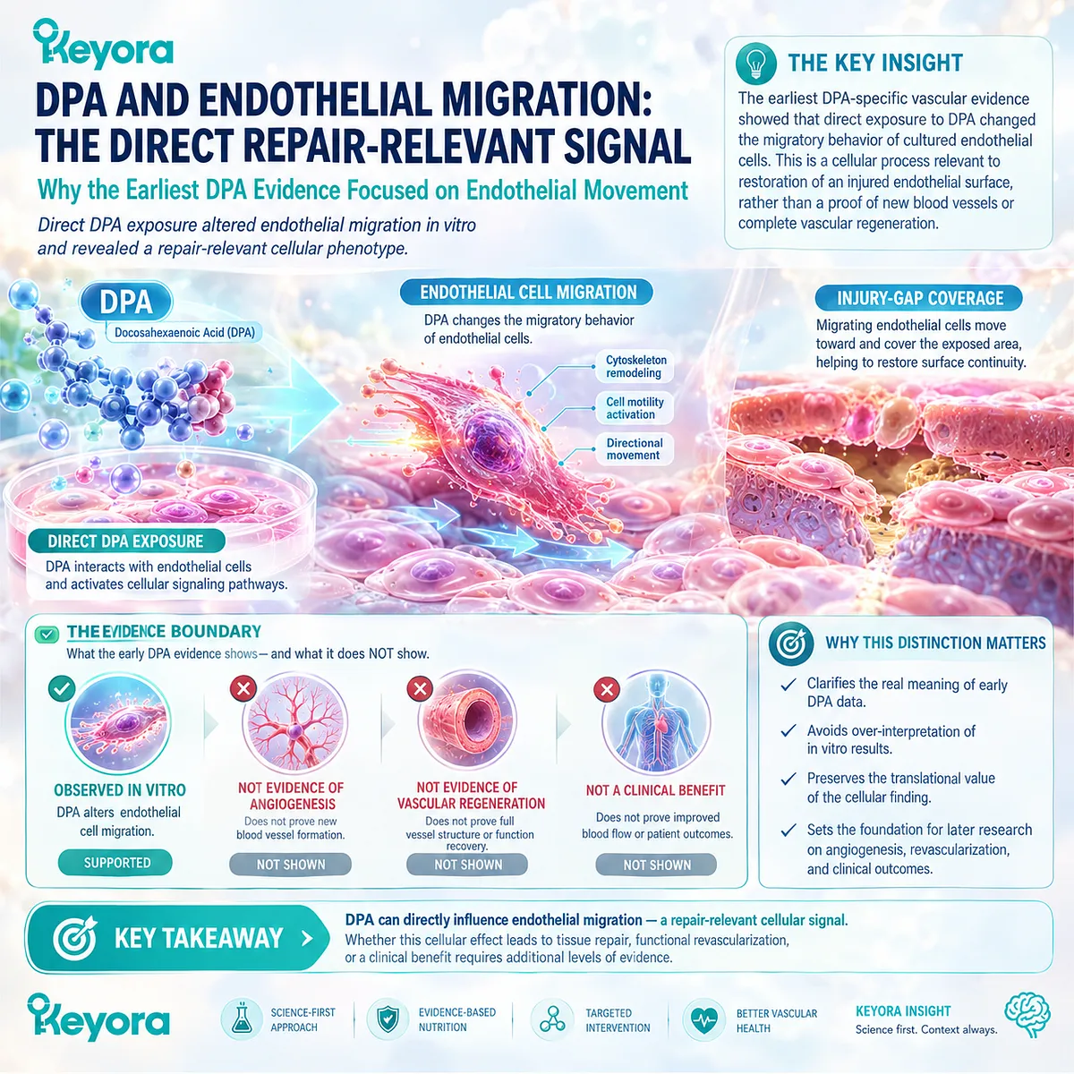 DPA vascular repair research shows direct DPA exposure can alter endothelial migration in vitro, a repair-relevant cellular signal framed by Keyora’s DPA Repair Biology Standard. DPA vascular repair research shows direct DPA exposure can alter endothelial migration in vitro, a repair-relevant cellular signal framed by Keyora’s DPA Repair Biology Standard.