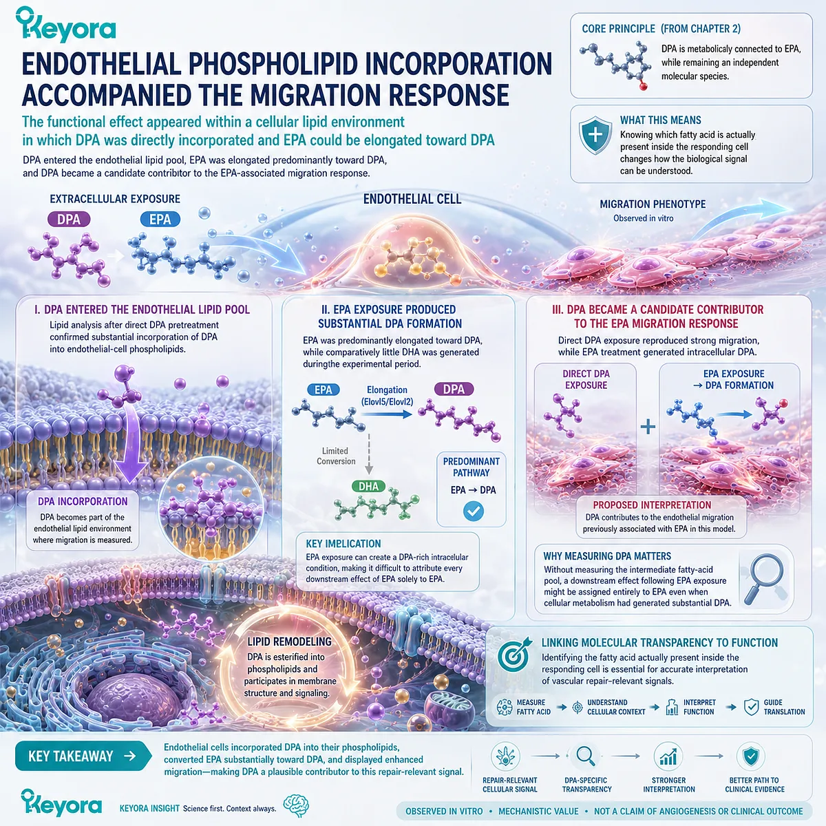 DPA vascular repair links endothelial phospholipid incorporation with migration, while EPA elongation generates intracellular DPA, supporting Keyora’s DPA Transparency and Repair Biology Standard. DPA vascular repair links endothelial phospholipid incorporation with migration, while EPA elongation generates intracellular DPA, supporting Keyora’s DPA Transparency and Repair Biology Standard.