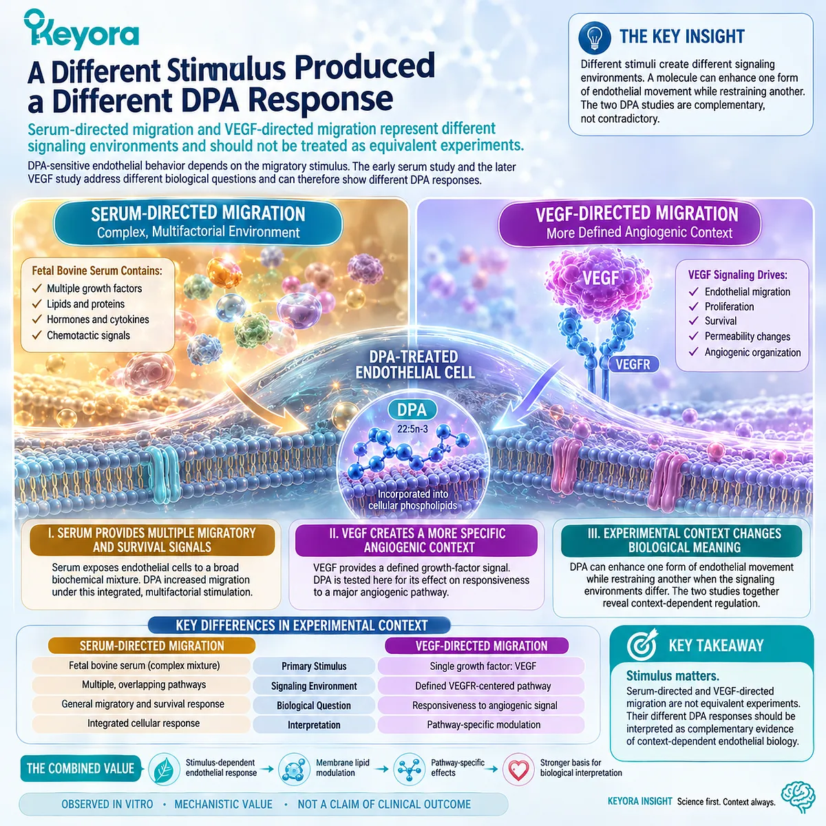 DPA endothelial migration varies by stimulus, increasing under complex serum signals while VEGF creates a distinct angiogenic pathway context in Keyora’s DPA Repair Biology Standard. DPA endothelial migration varies by stimulus, increasing under complex serum signals while VEGF creates a distinct angiogenic pathway context in Keyora’s DPA Repair Biology Standard.