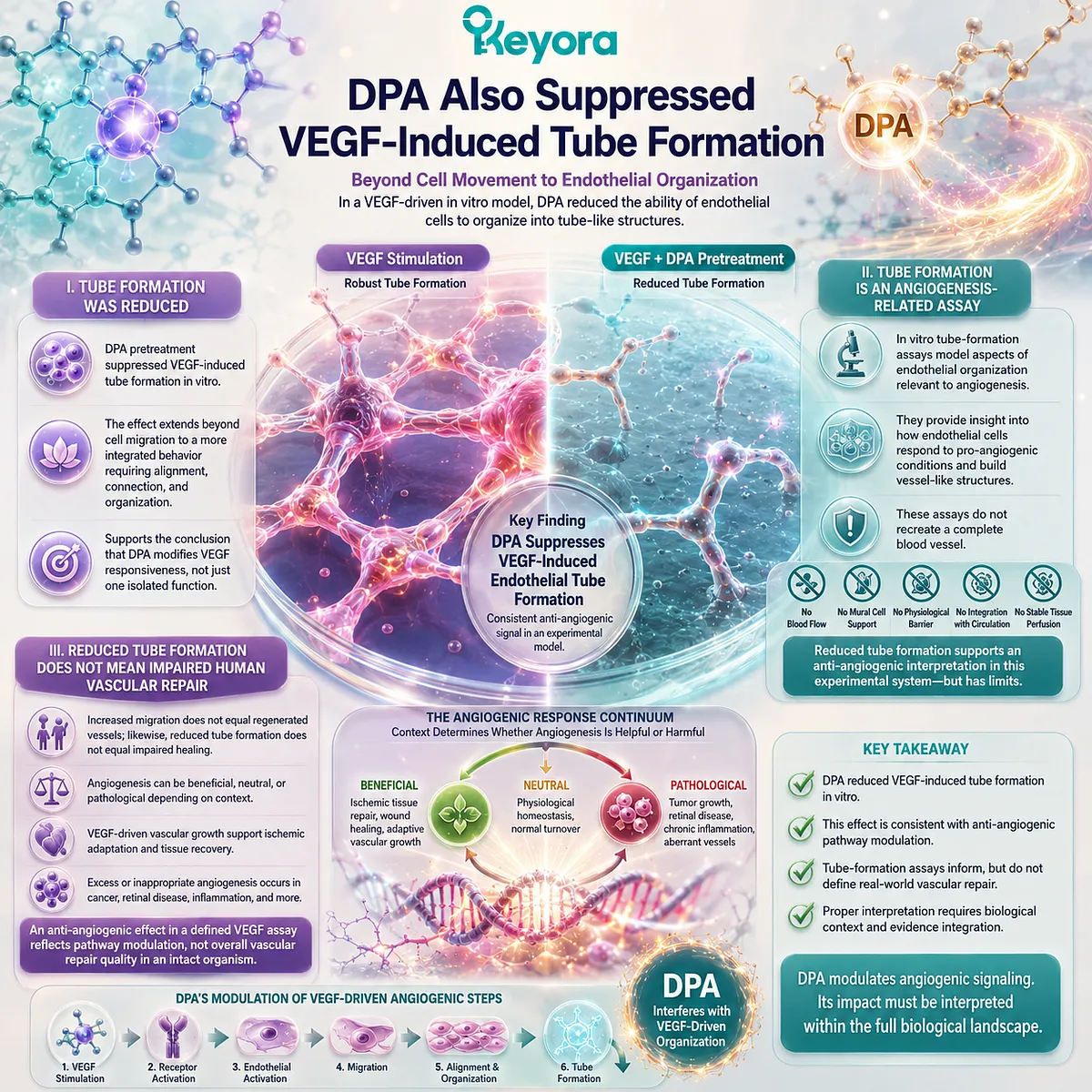 DPA suppressed VEGF-induced endothelial tube formation, indicating angiogenic pathway modulation without proving impaired vascular repair under Keyora’s DPA Repair Biology Standard. DPA suppressed VEGF-induced endothelial tube formation, indicating angiogenic pathway modulation without proving impaired vascular repair under Keyora’s DPA Repair Biology Standard.