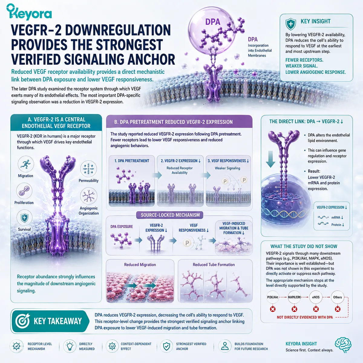 DPA vascular signaling reduced endothelial VEGFR-2 expression and VEGF responsiveness, linking lower migration and tube formation within Keyora’s DPA Repair Biology Standard. DPA vascular signaling reduced endothelial VEGFR-2 expression and VEGF responsiveness, linking lower migration and tube formation within Keyora’s DPA Repair Biology Standard.