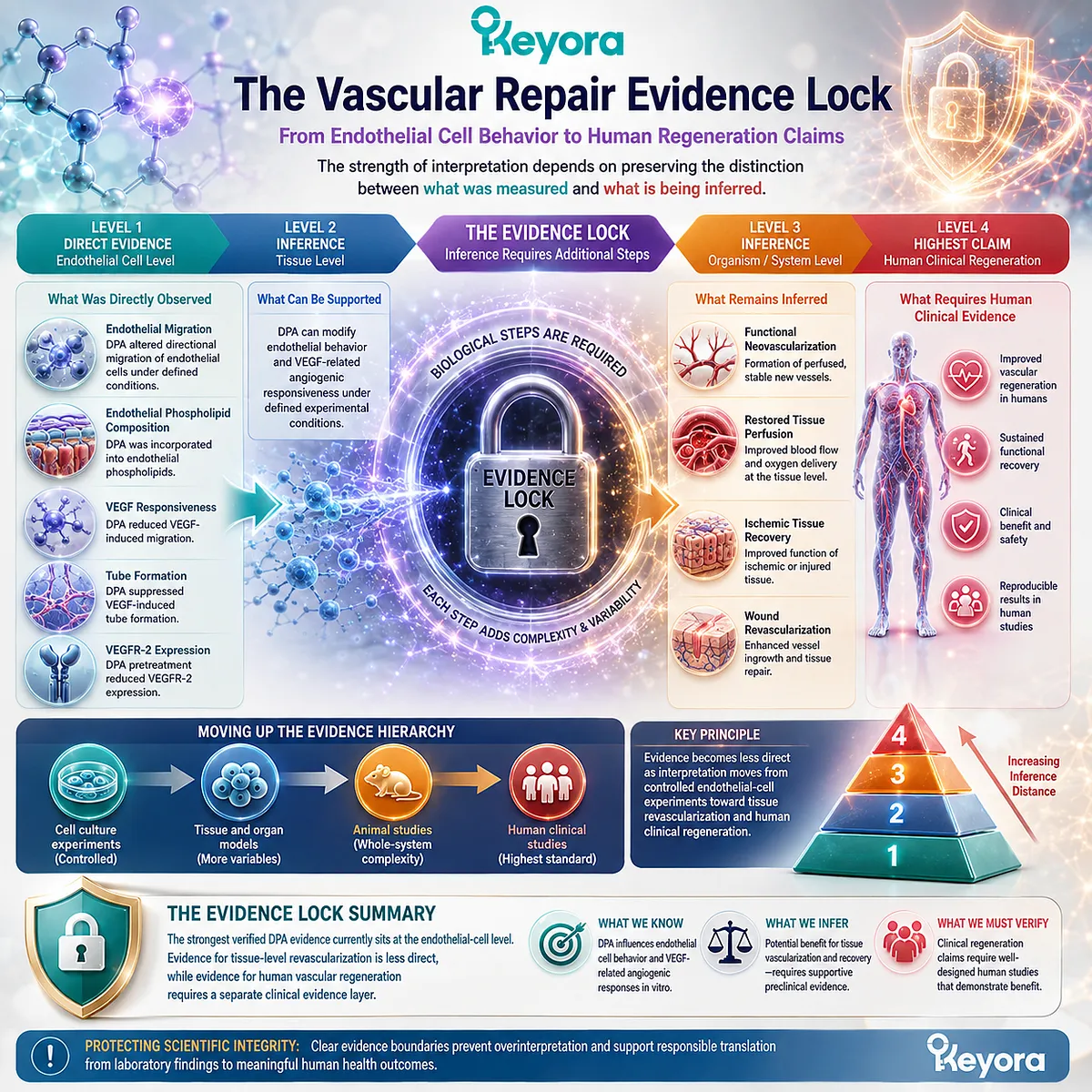 DPA vascular repair evidence is strongest for endothelial migration and VEGF–VEGFR-2 responses, while human revascularization remains unproven under Keyora’s DPA Repair Biology Standard. DPA vascular repair evidence is strongest for endothelial migration and VEGF–VEGFR-2 responses, while human revascularization remains unproven under Keyora’s DPA Repair Biology Standard.