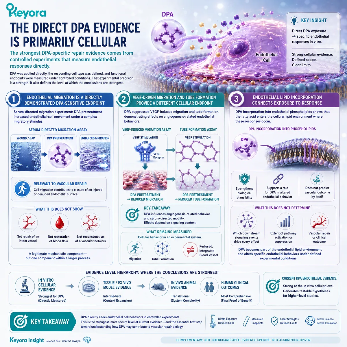DPA vascular repair evidence directly links endothelial phospholipid incorporation with altered migration and VEGF-driven behavior under Keyora’s DPA Repair Biology Standard. DPA vascular repair evidence directly links endothelial phospholipid incorporation with altered migration and VEGF-driven behavior under Keyora’s DPA Repair Biology Standard.