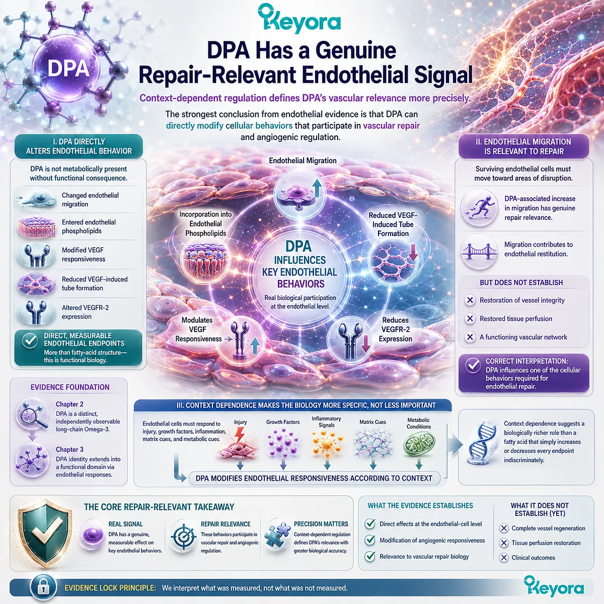DPA vascular repair evidence links phospholipid incorporation with context-dependent endothelial migration, VEGF responsiveness, and VEGFR-2 regulation in Keyora’s DPA Repair Biology Standard. DPA vascular repair evidence links phospholipid incorporation with context-dependent endothelial migration, VEGF responsiveness, and VEGFR-2 regulation in Keyora’s DPA Repair Biology Standard.