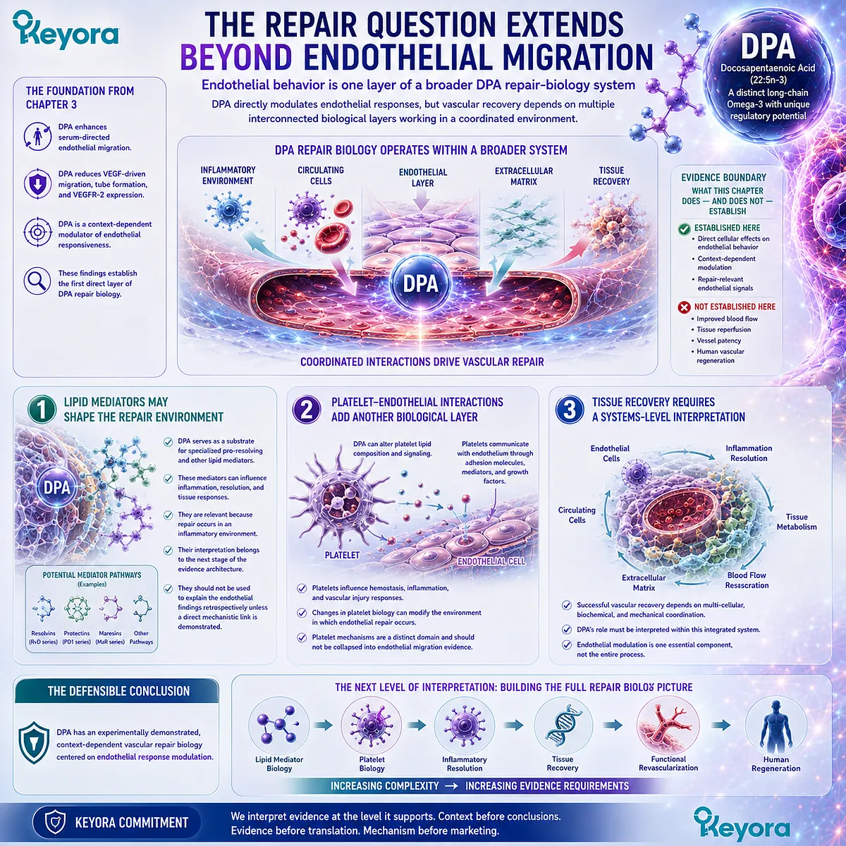 DPA vascular repair extends beyond endothelial migration to lipid mediators, platelet–endothelial signaling, and inflammatory resolution in Keyora’s DPA Repair Biology Standard. DPA vascular repair extends beyond endothelial migration to lipid mediators, platelet–endothelial signaling, and inflammatory resolution in Keyora’s DPA Repair Biology Standard.