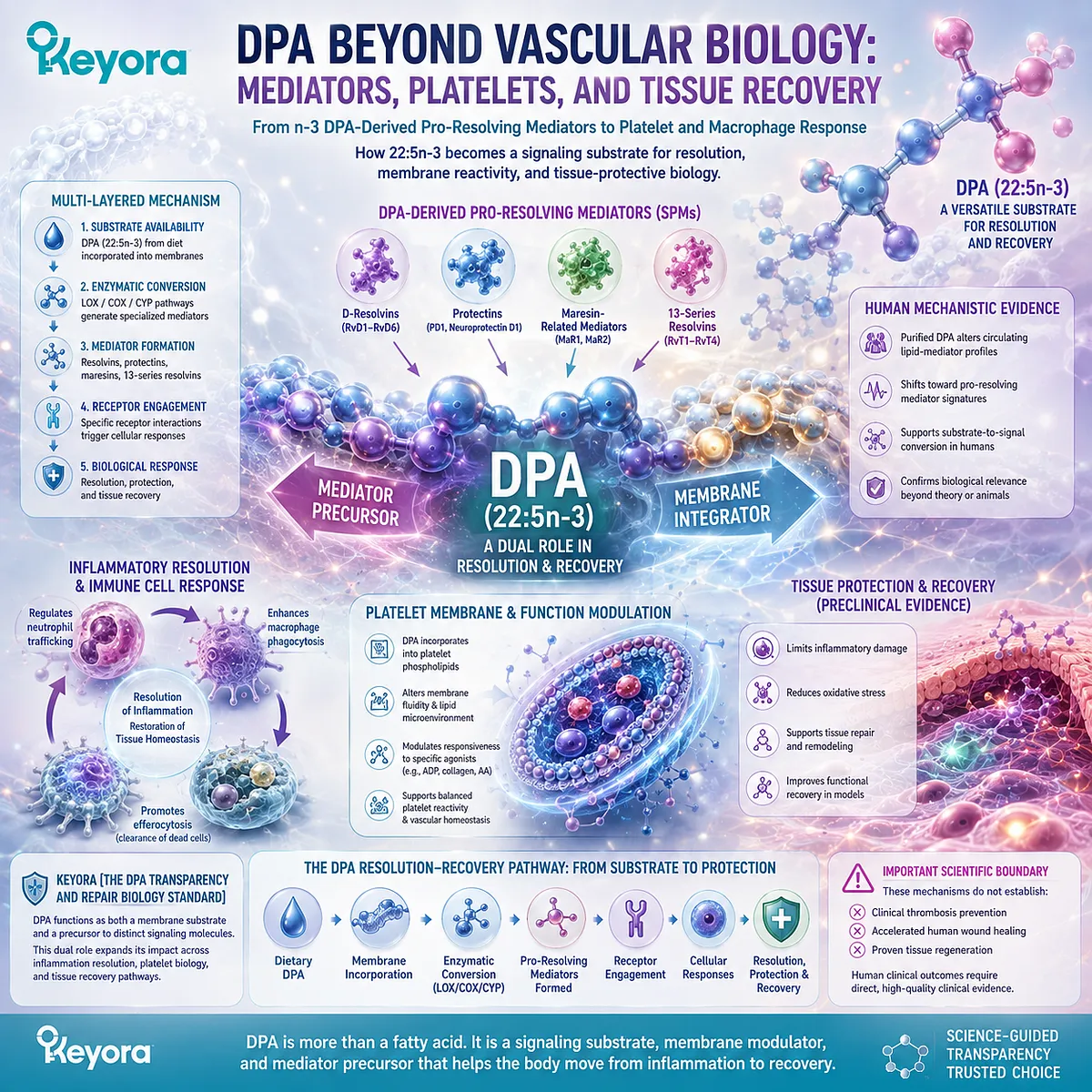 DPA supports inflammatory resolution through pro-resolving mediators, platelet membrane reactivity, and macrophage efferocytosis in Keyora DPA repair biology. DPA supports inflammatory resolution through pro-resolving mediators, platelet membrane reactivity, and macrophage efferocytosis in Keyora DPA repair biology.