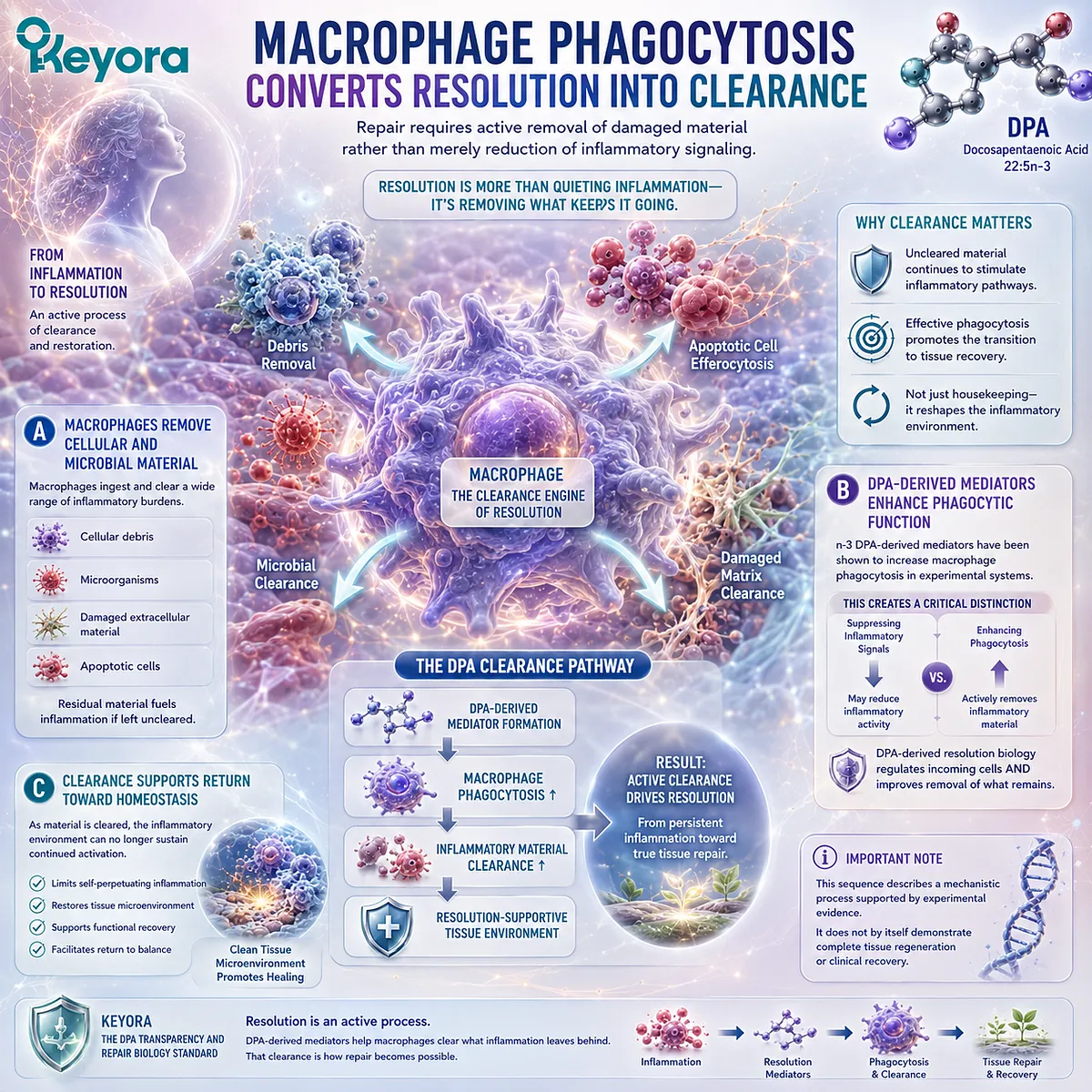 DPA-derived mediators support inflammatory resolution by enhancing macrophage phagocytosis, promoting debris clearance and tissue homeostasis in Keyora DPA repair biology. DPA-derived mediators support inflammatory resolution by enhancing macrophage phagocytosis, promoting debris clearance and tissue homeostasis in Keyora DPA repair biology.