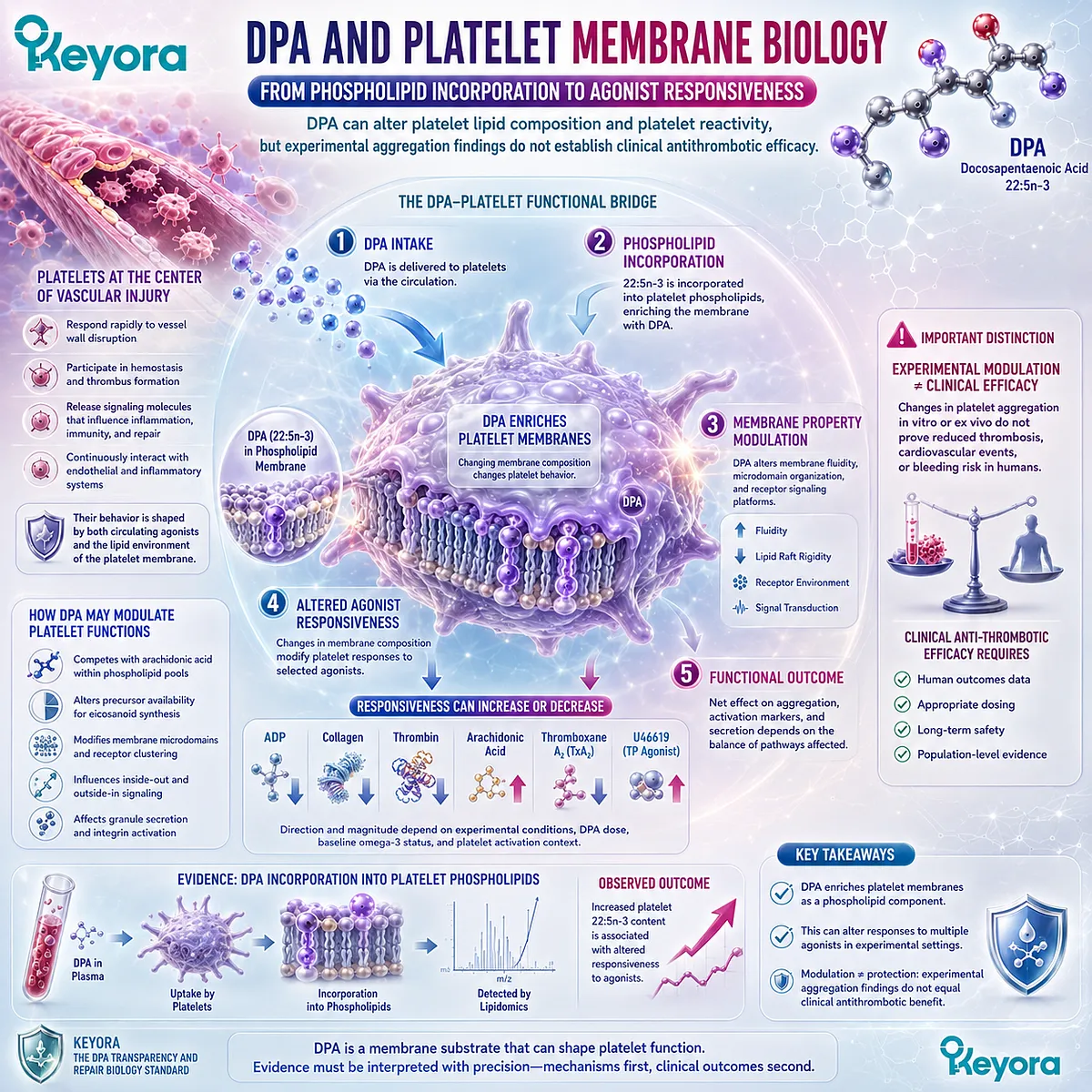 DPA incorporation into platelet phospholipids can modify agonist responsiveness and platelet reactivity, linking membrane Omega-3 biology with Keyora DPA vascular repair biology. DPA incorporation into platelet phospholipids can modify agonist responsiveness and platelet reactivity, linking membrane Omega-3 biology with Keyora DPA vascular repair biology.