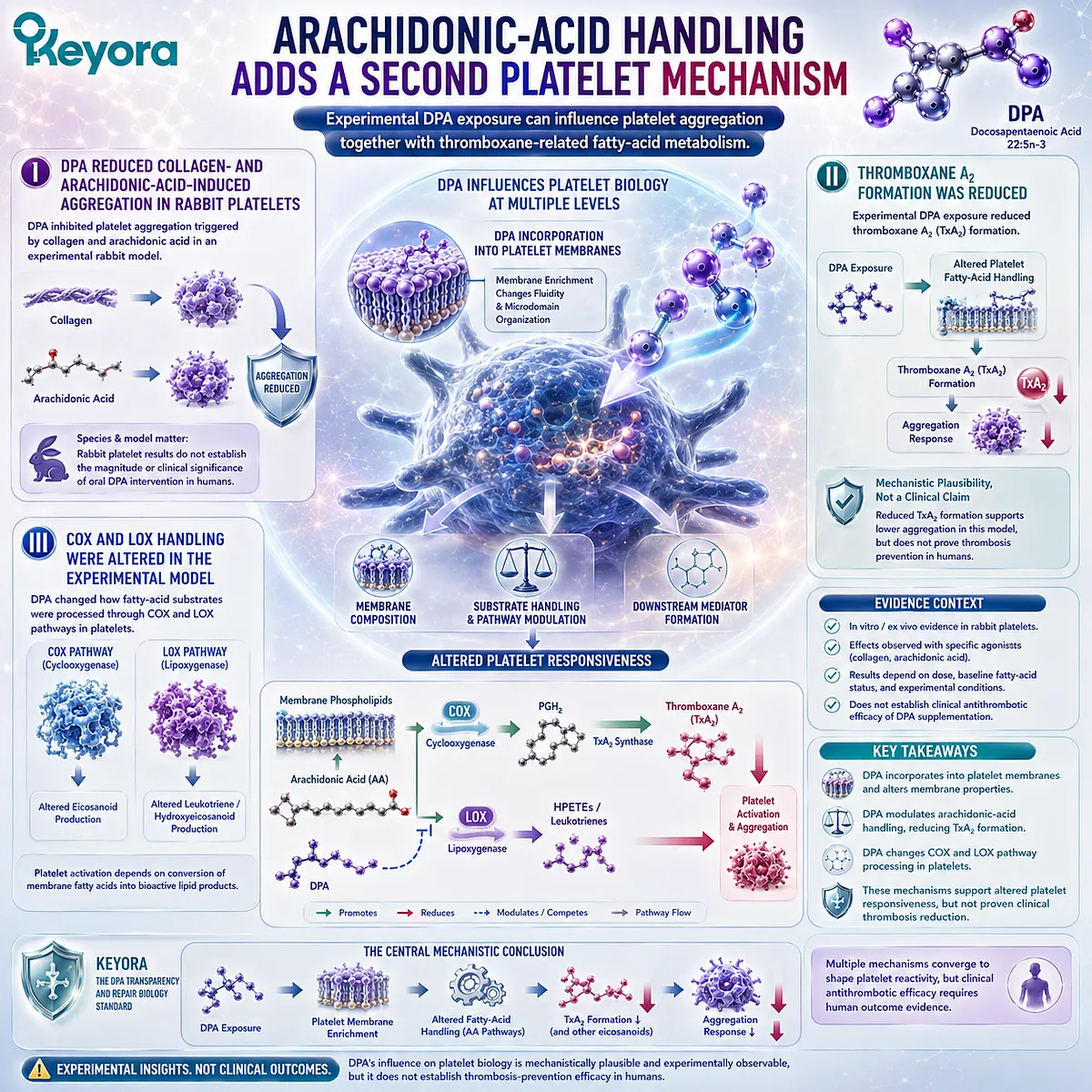 DPA modulates platelet reactivity through arachidonic-acid handling, reduced thromboxane A2 formation, and COX-LOX pathways in Keyora DPA platelet biology. DPA modulates platelet reactivity through arachidonic-acid handling, reduced thromboxane A2 formation, and COX-LOX pathways in Keyora DPA platelet biology.