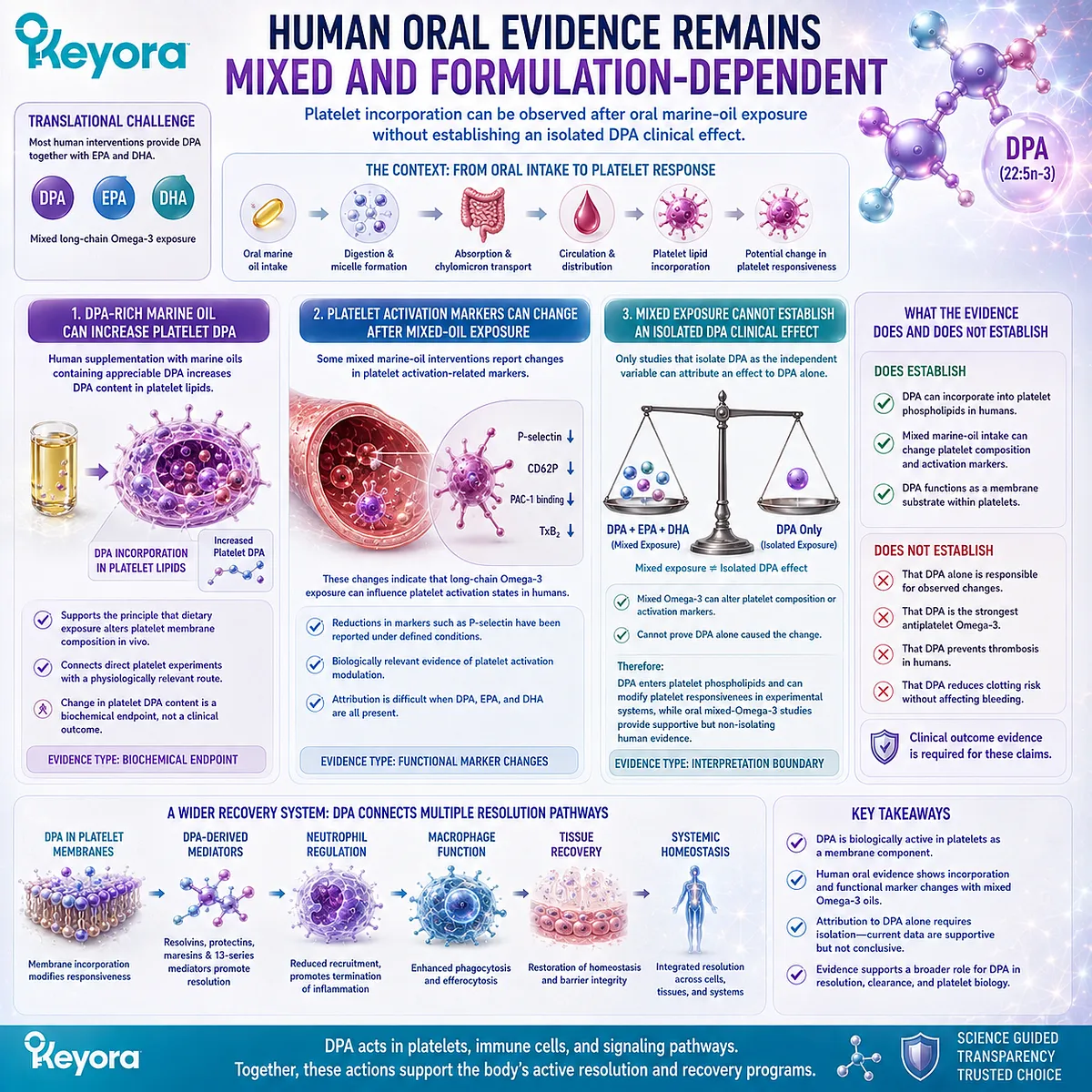 DPA-rich marine oil can increase platelet DPA and influence activation markers, but mixed EPA-DHA exposure limits attribution within Keyora DPA platelet biology. DPA-rich marine oil can increase platelet DPA and influence activation markers, but mixed EPA-DHA exposure limits attribution within Keyora DPA platelet biology.