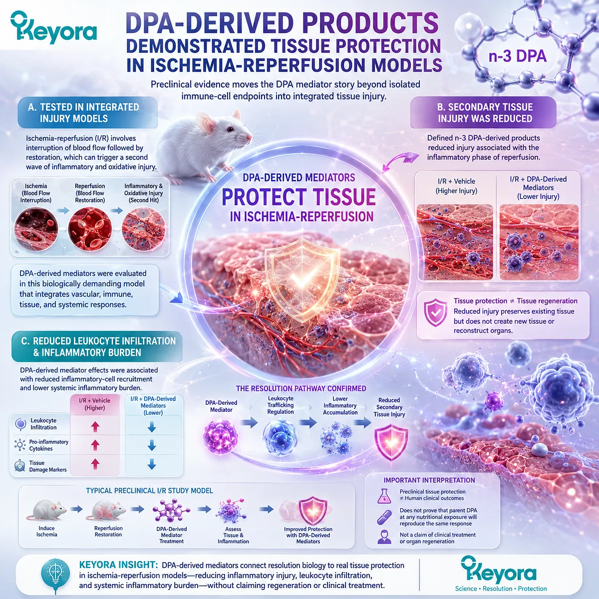DPA-derived mediators reduce leukocyte infiltration and secondary tissue injury in ischemia-reperfusion models, supporting tissue protection in Keyora DPA repair biology. DPA-derived mediators reduce leukocyte infiltration and secondary tissue injury in ischemia-reperfusion models, supporting tissue protection in Keyora DPA repair biology.